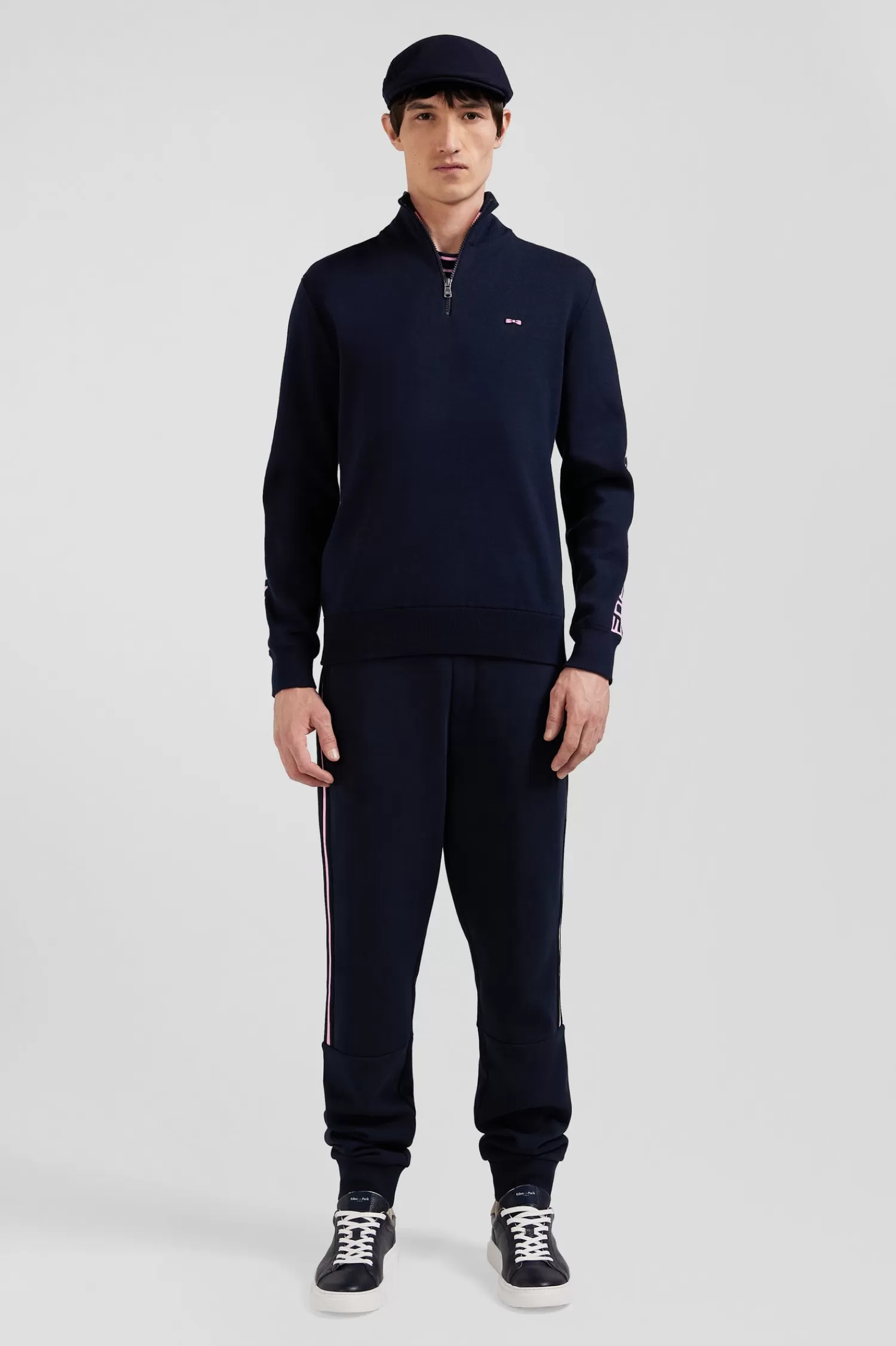 Eden Park Regular navy semi-zipped cotton jumper with jacquard details< Sweaters