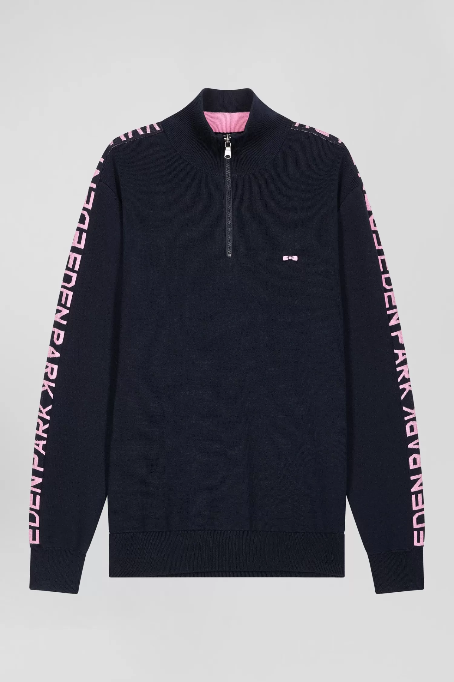 Eden Park Regular navy semi-zipped cotton jumper with jacquard details< Sweaters
