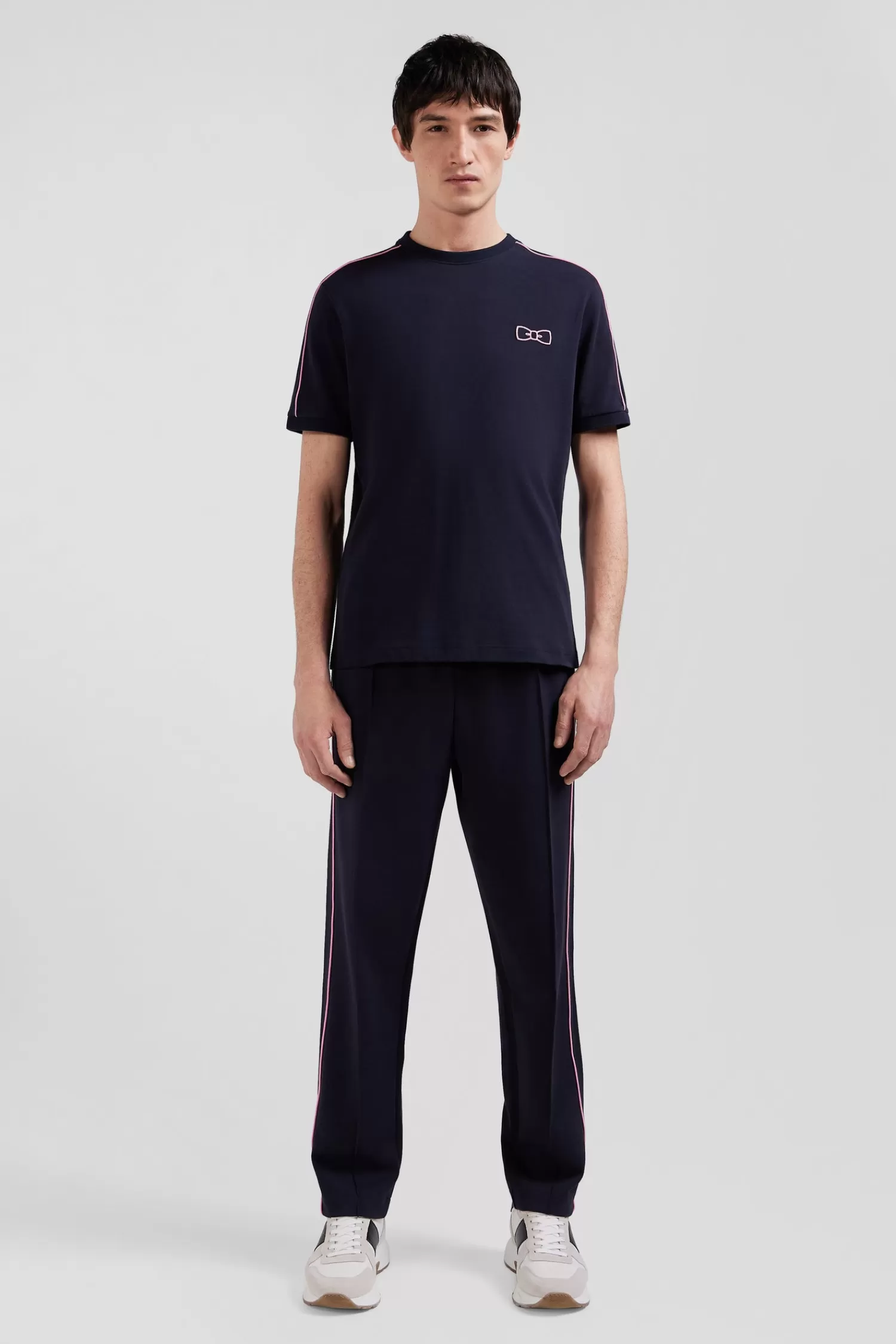 Eden Park Regular navy short-sleeved cotton T-shirt with pink piping< T-shirts