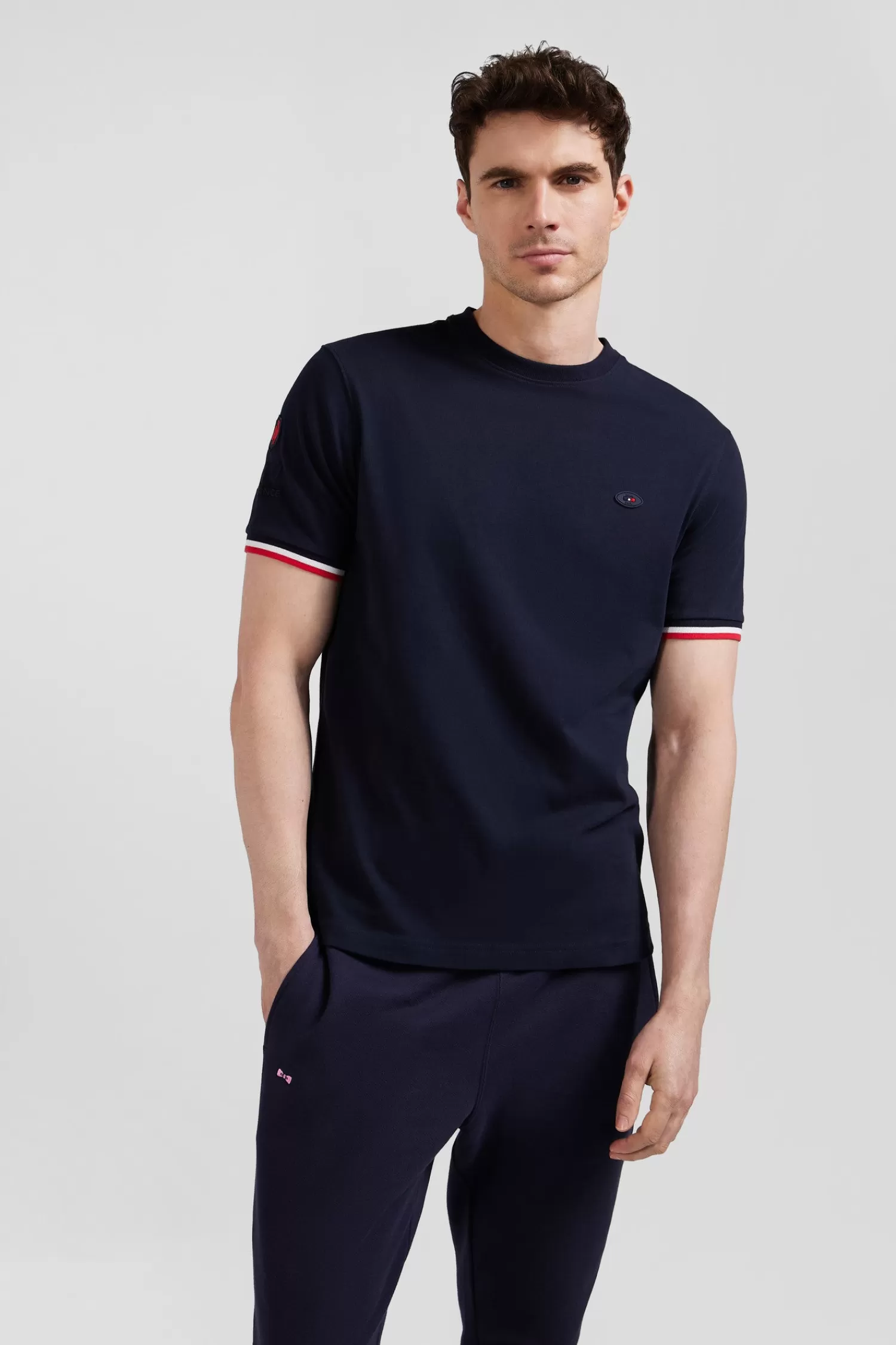 Eden Park Regular navy short-sleeved cotton T-shirt with tricolor XV de France embroidery< T-shirts