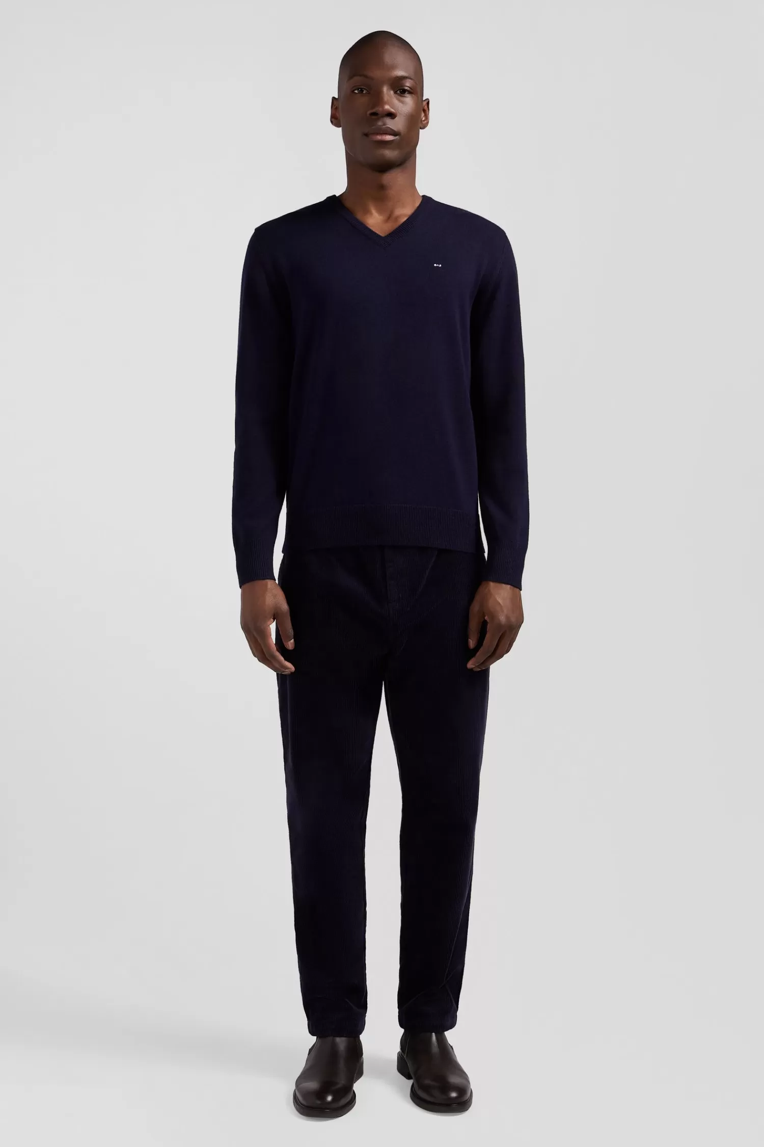 Eden Park Regular navy wool and cotton V-neck jumper with striped details< Sweaters
