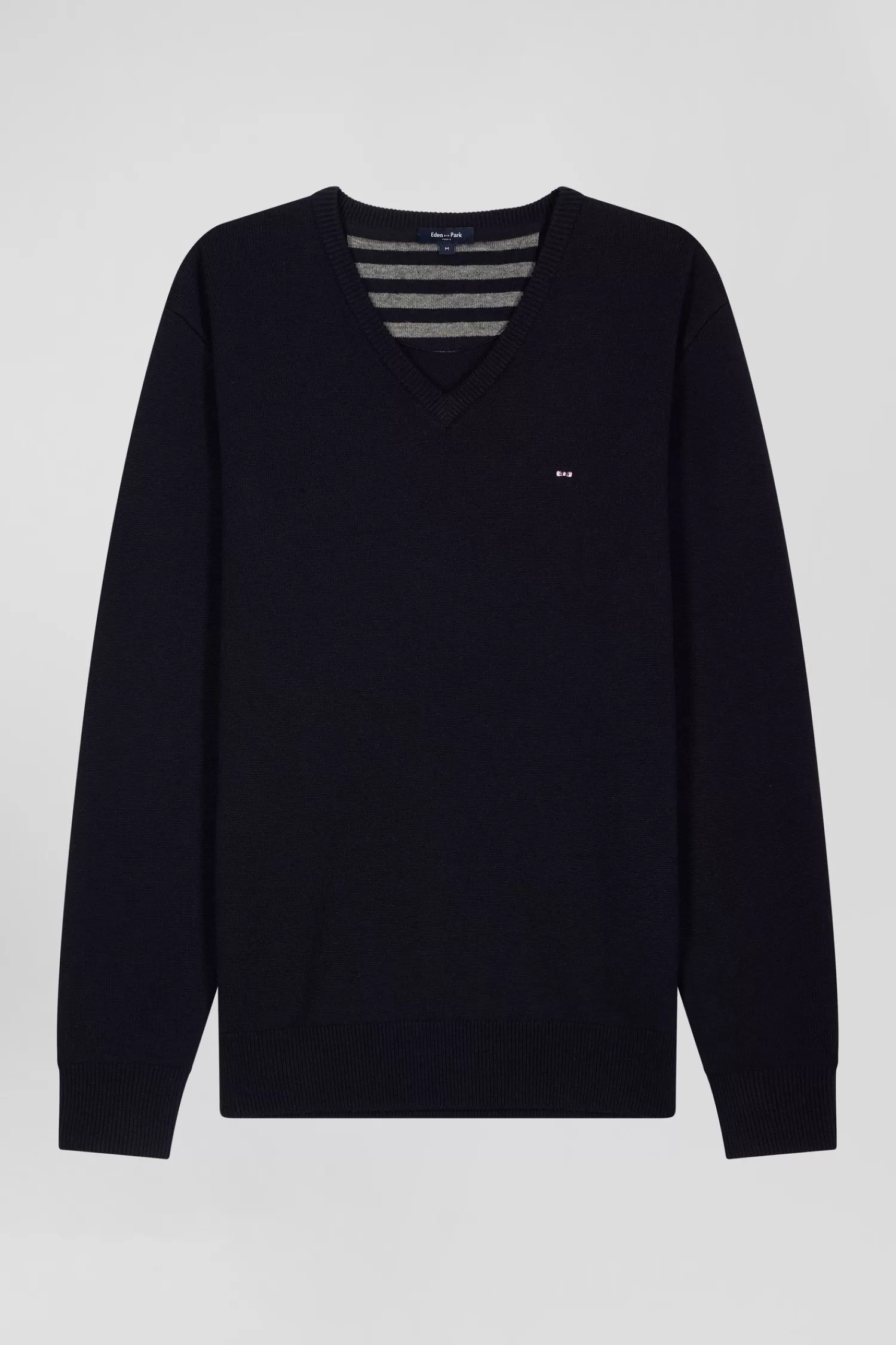 Eden Park Regular navy wool and cotton V-neck jumper with striped details< Sweaters