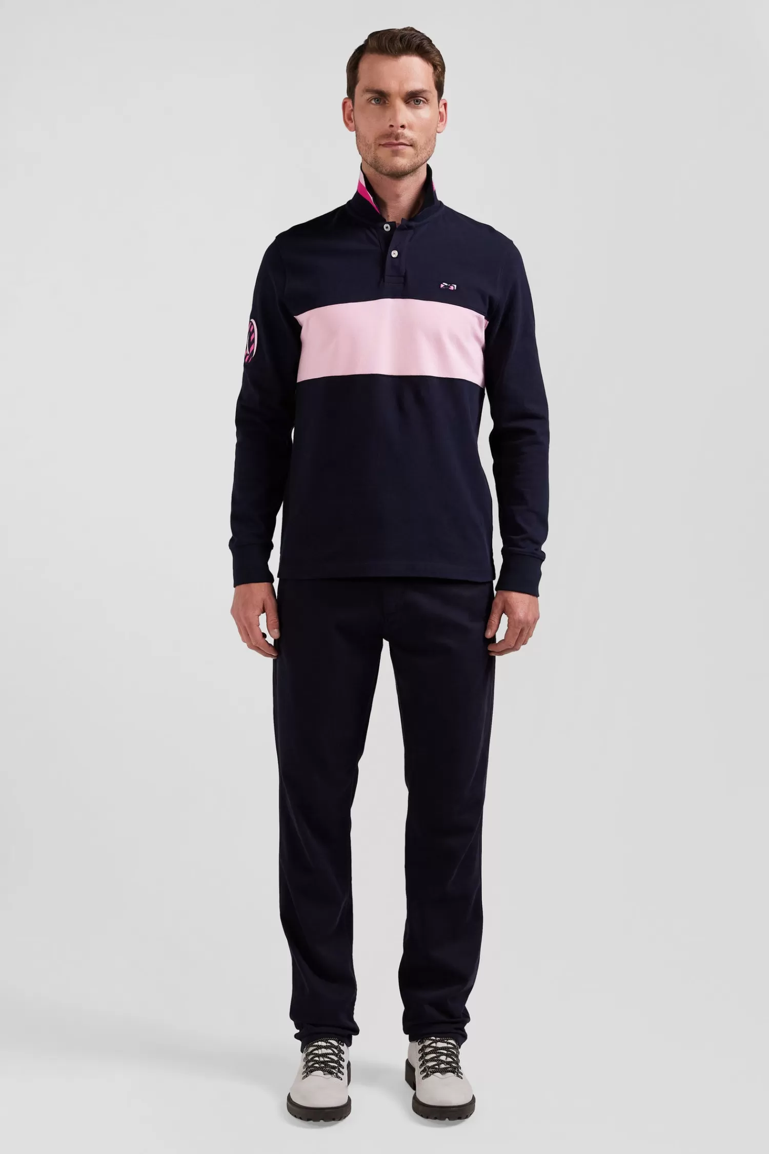 Eden Park Regular pink long-sleeved cotton piqué polo shirt with sleeve embroidery< Polos