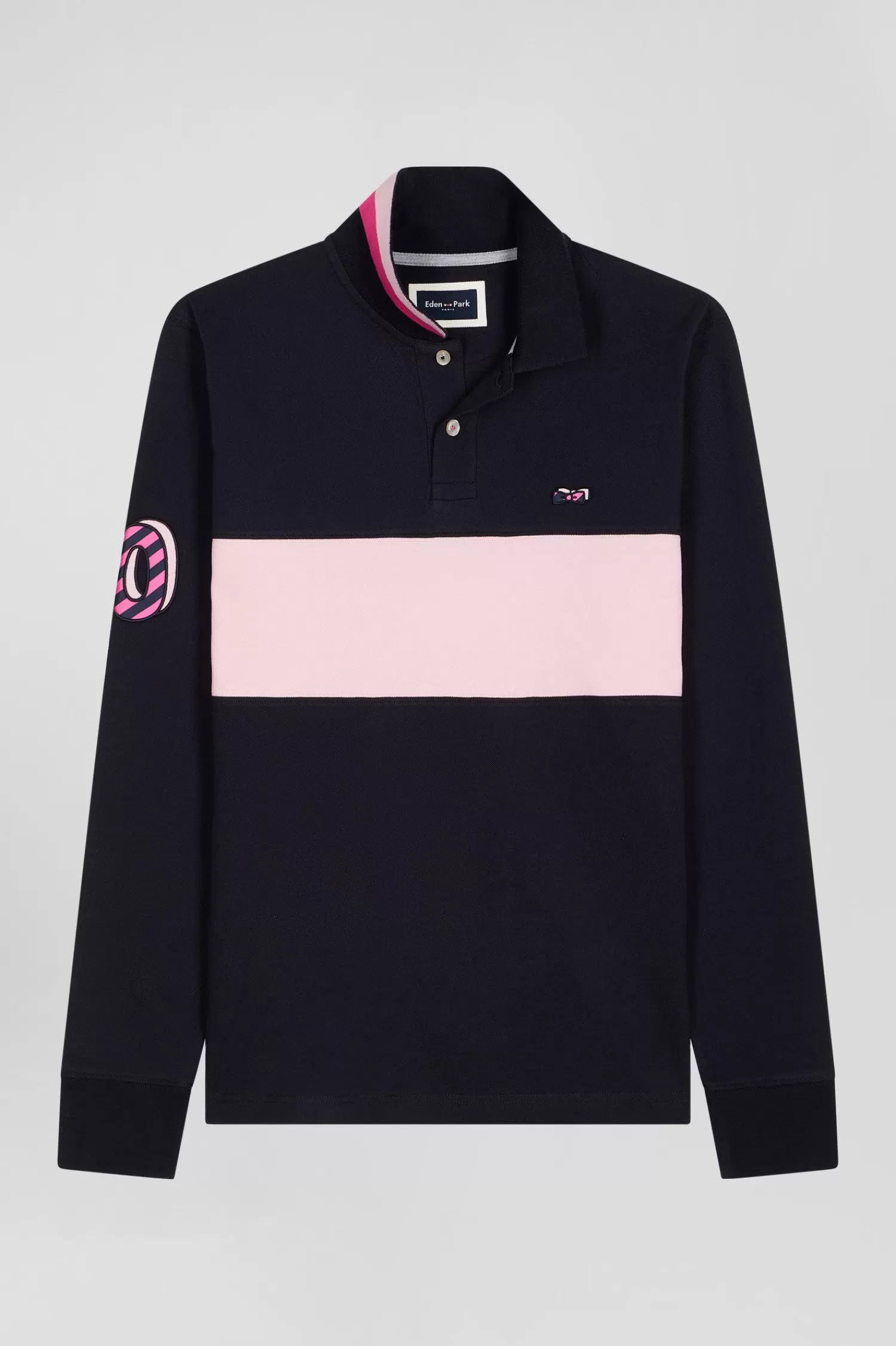 Eden Park Regular pink long-sleeved cotton piqué polo shirt with sleeve embroidery< Polos