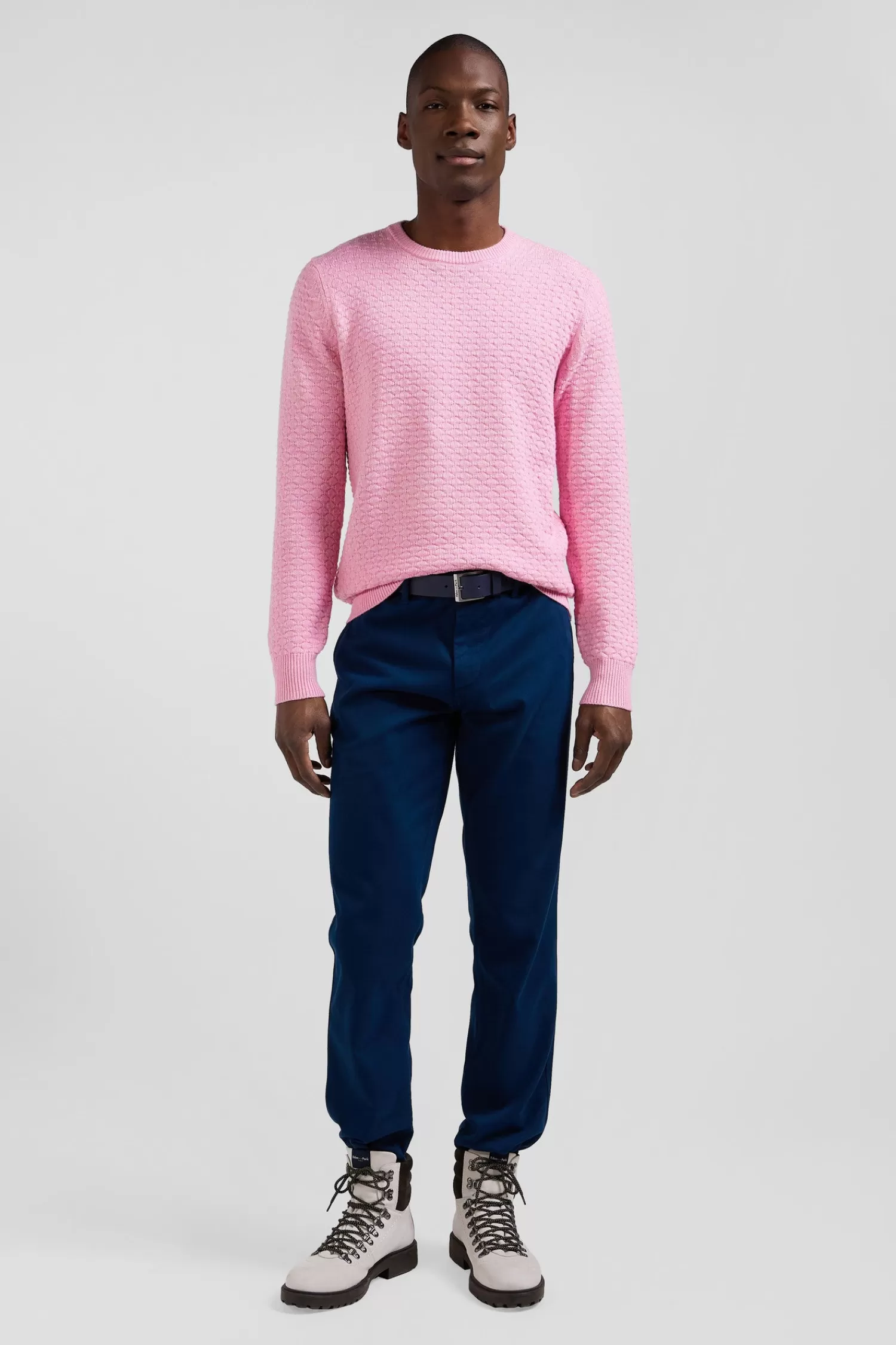 Eden Park Regular pink wool and cotton crew neck jumper with micro bow tie effect< Sweaters