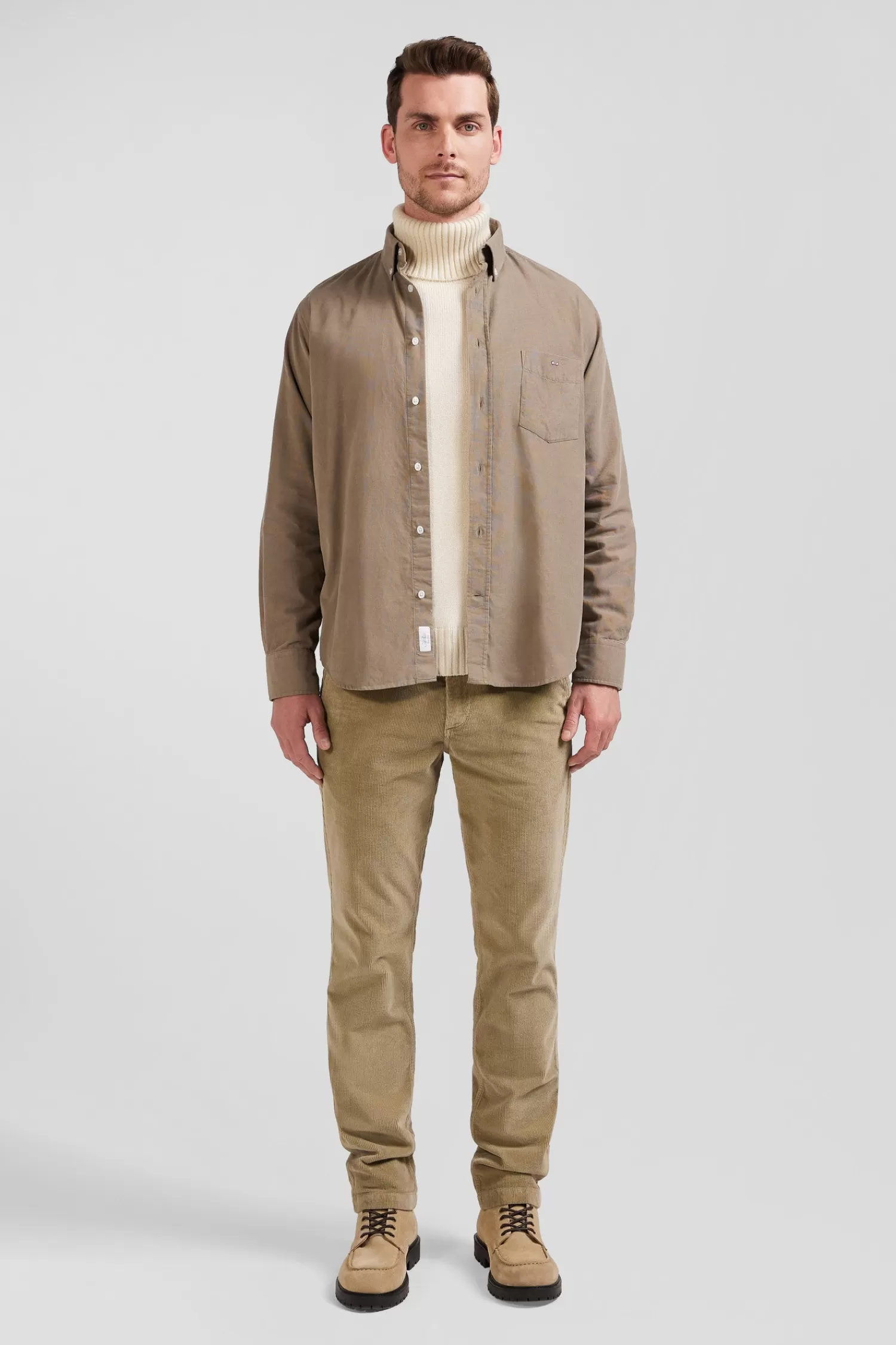 Eden Park Regular plain beige cotton shirt with button-down collar and chest pocket< Shirts