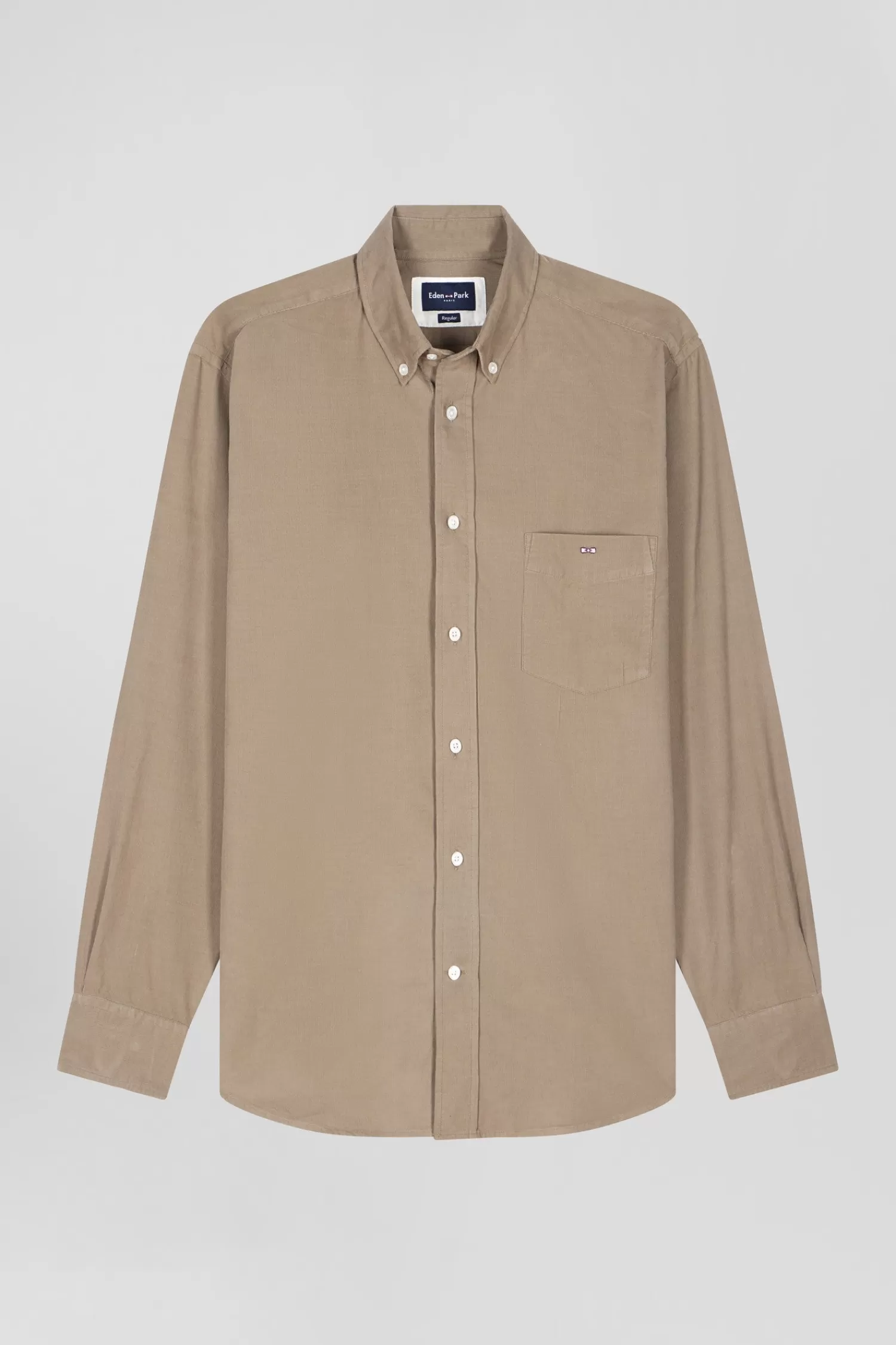Eden Park Regular plain beige cotton shirt with button-down collar and chest pocket< Shirts