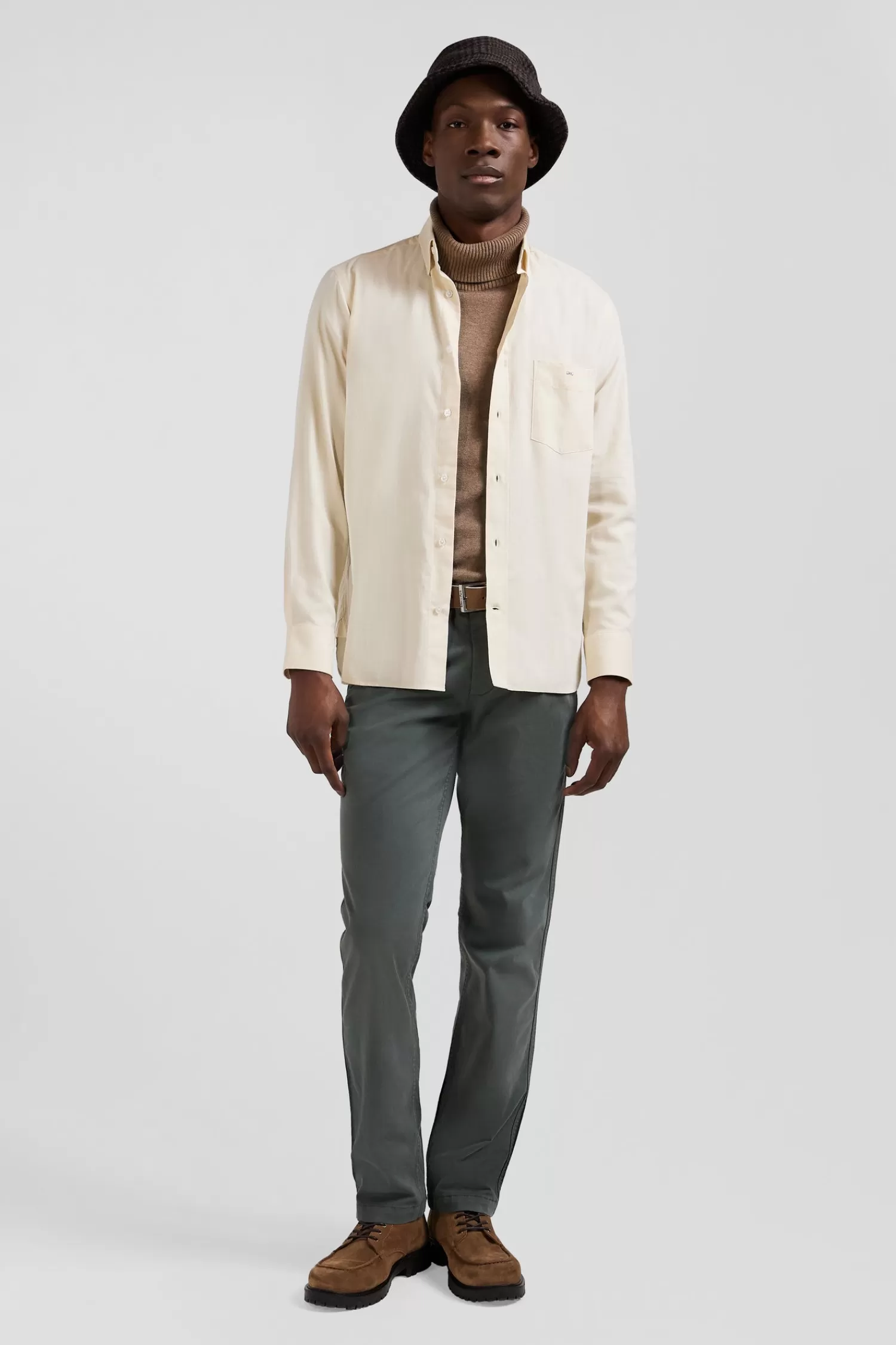 Eden Park Regular plain beige cotton twill shirt with button-down collar< Shirts