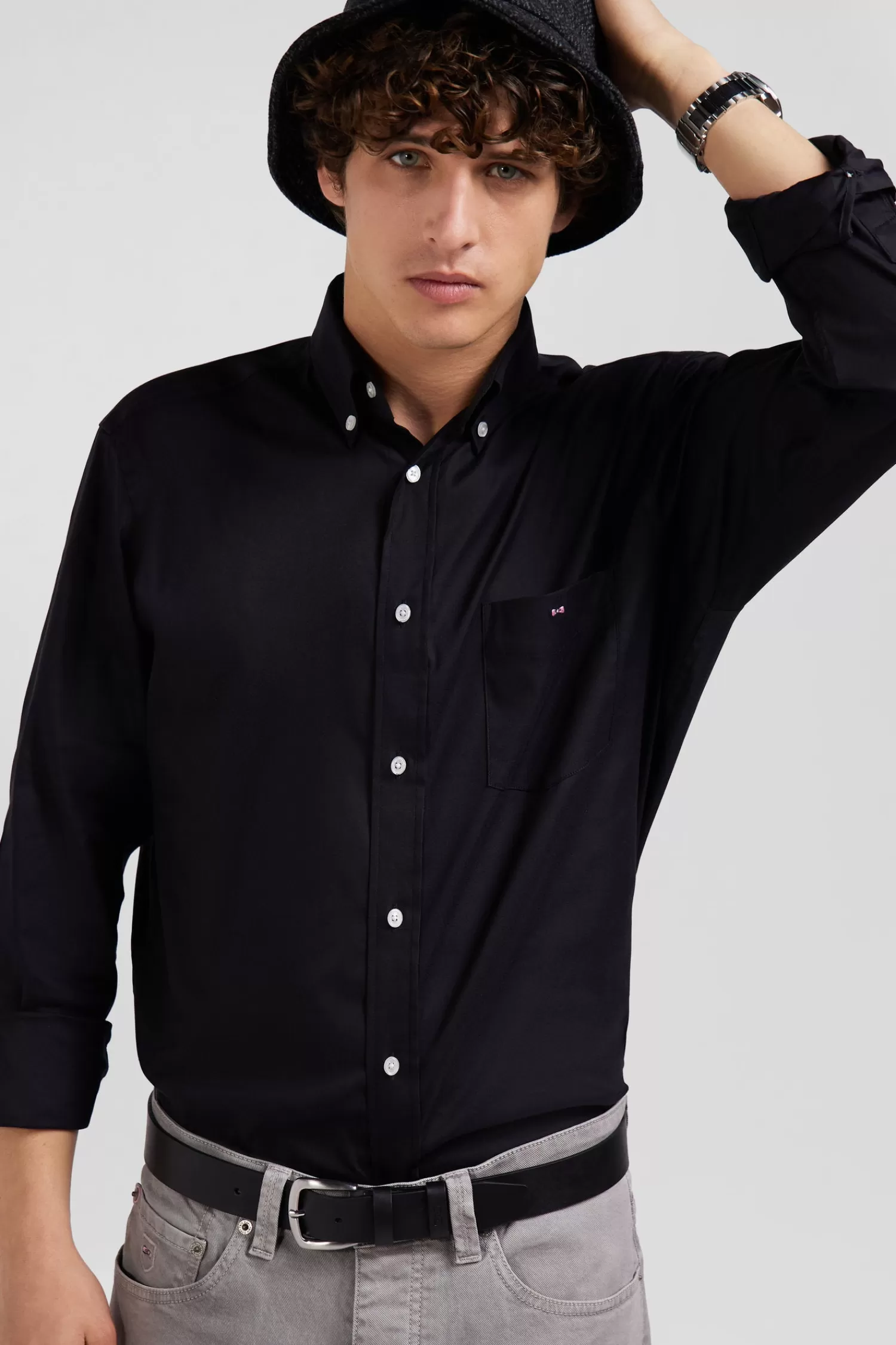 regular_plain_black_mixed_stretch_cotton_shirt_2.webp Eden Park Regular plain black mixed stretch cotton shirt< Shirts