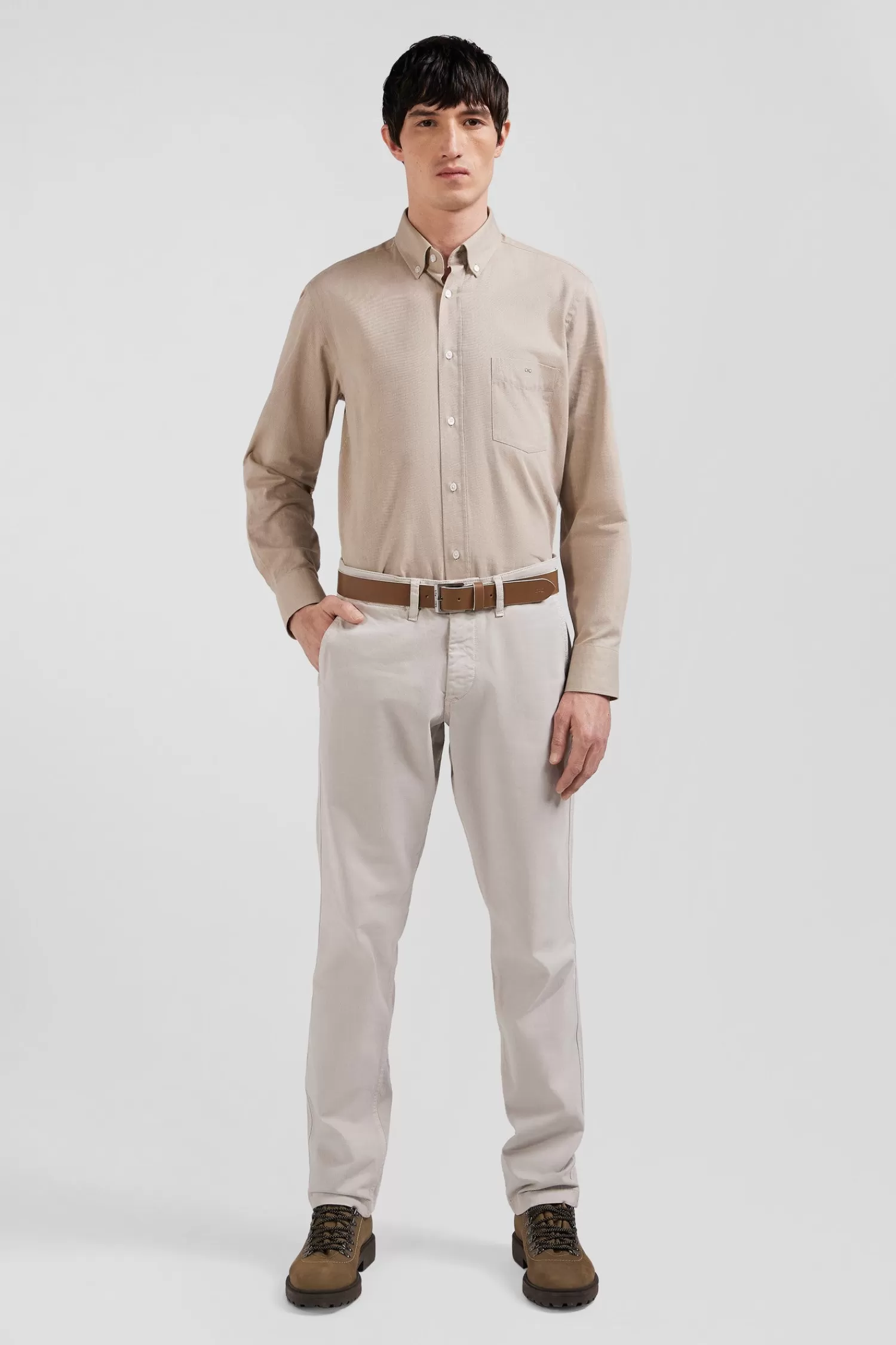Eden Park Regular plain brown cotton twill shirt with button-down collar< Shirts
