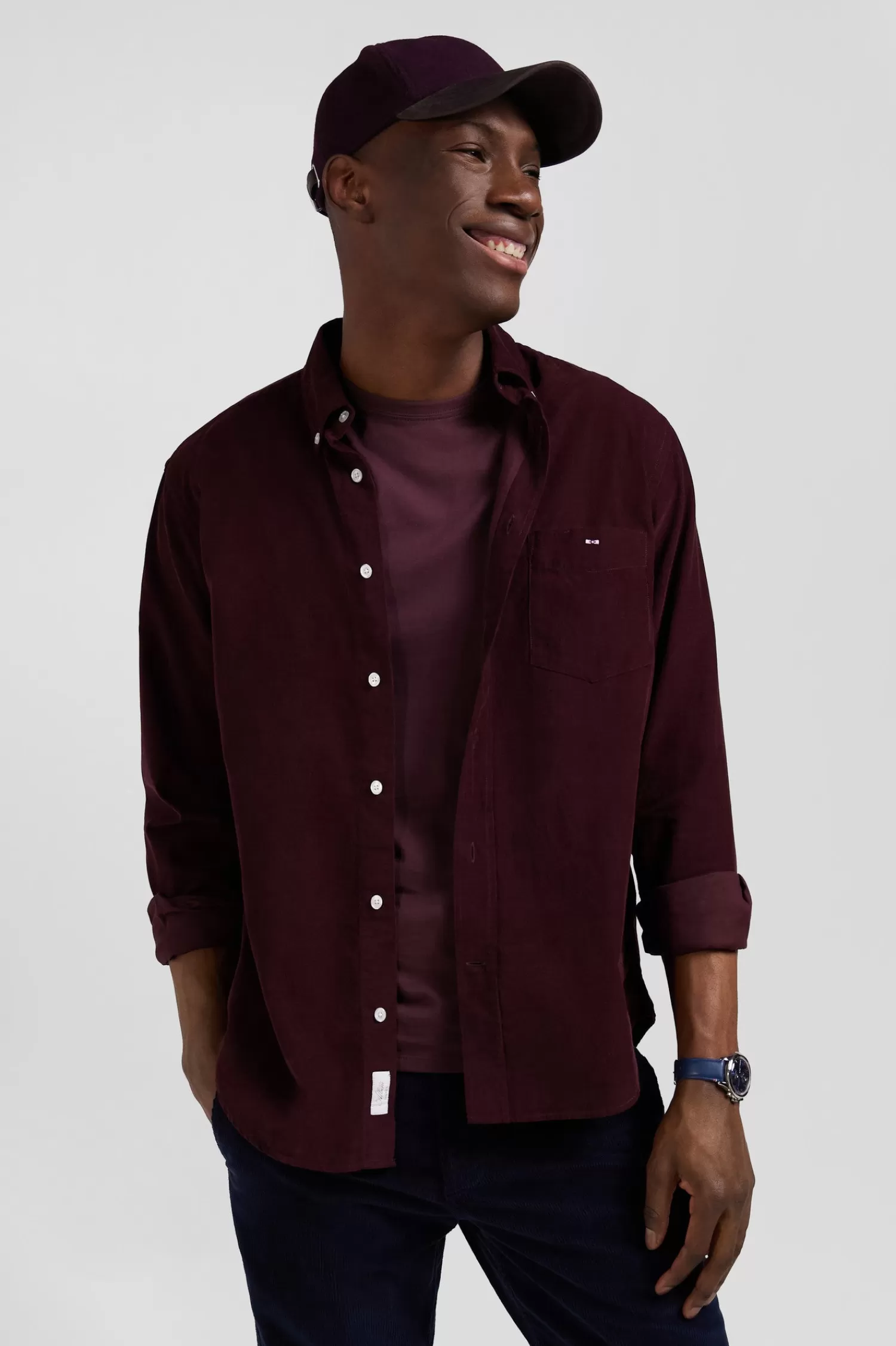 Eden Park Regular plain burgundy cotton shirt with button-down collar and chest pocket< Shirts