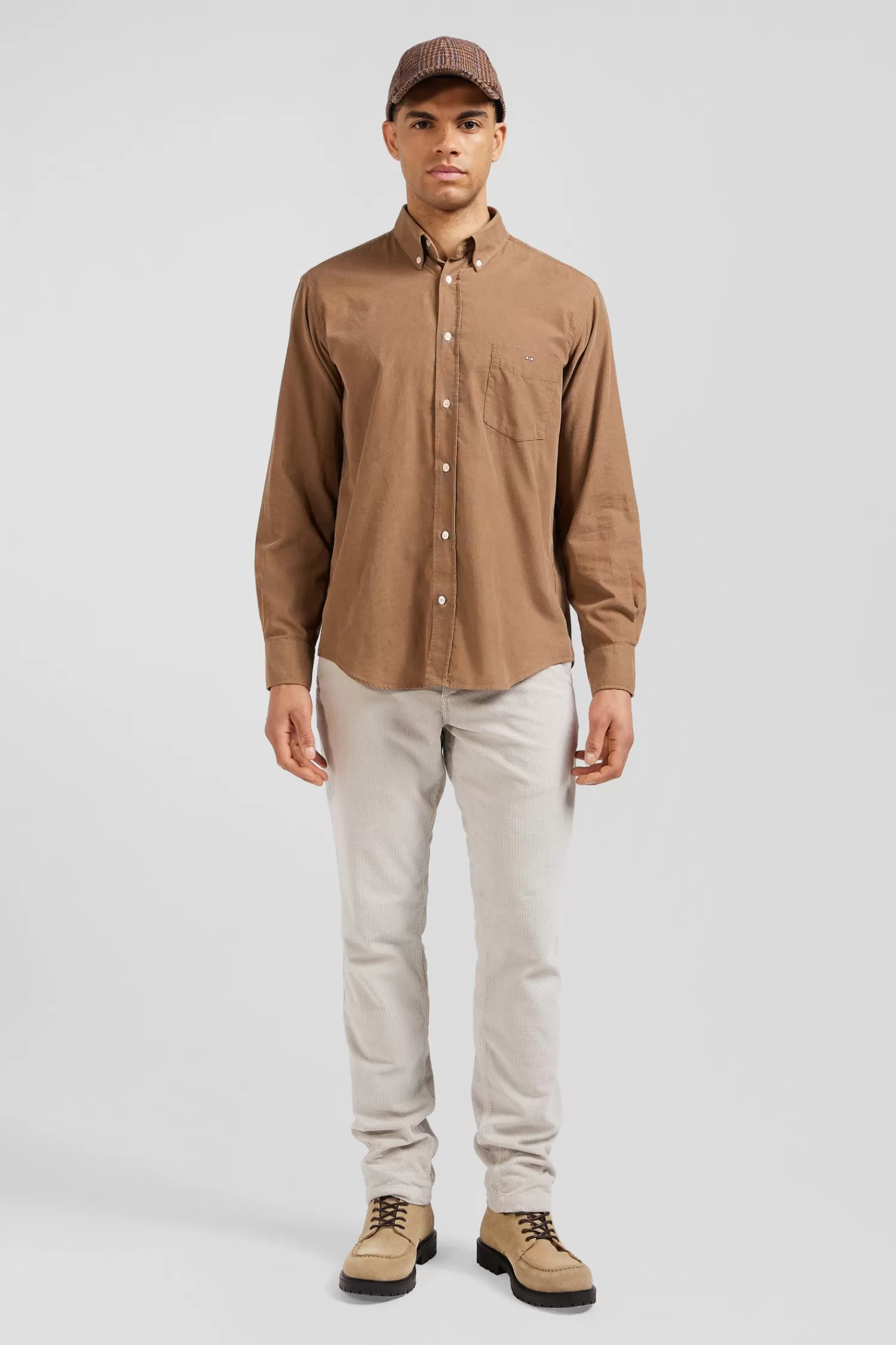 Eden Park Regular plain camel cotton shirt with button-down collar and chest pocket< Shirts