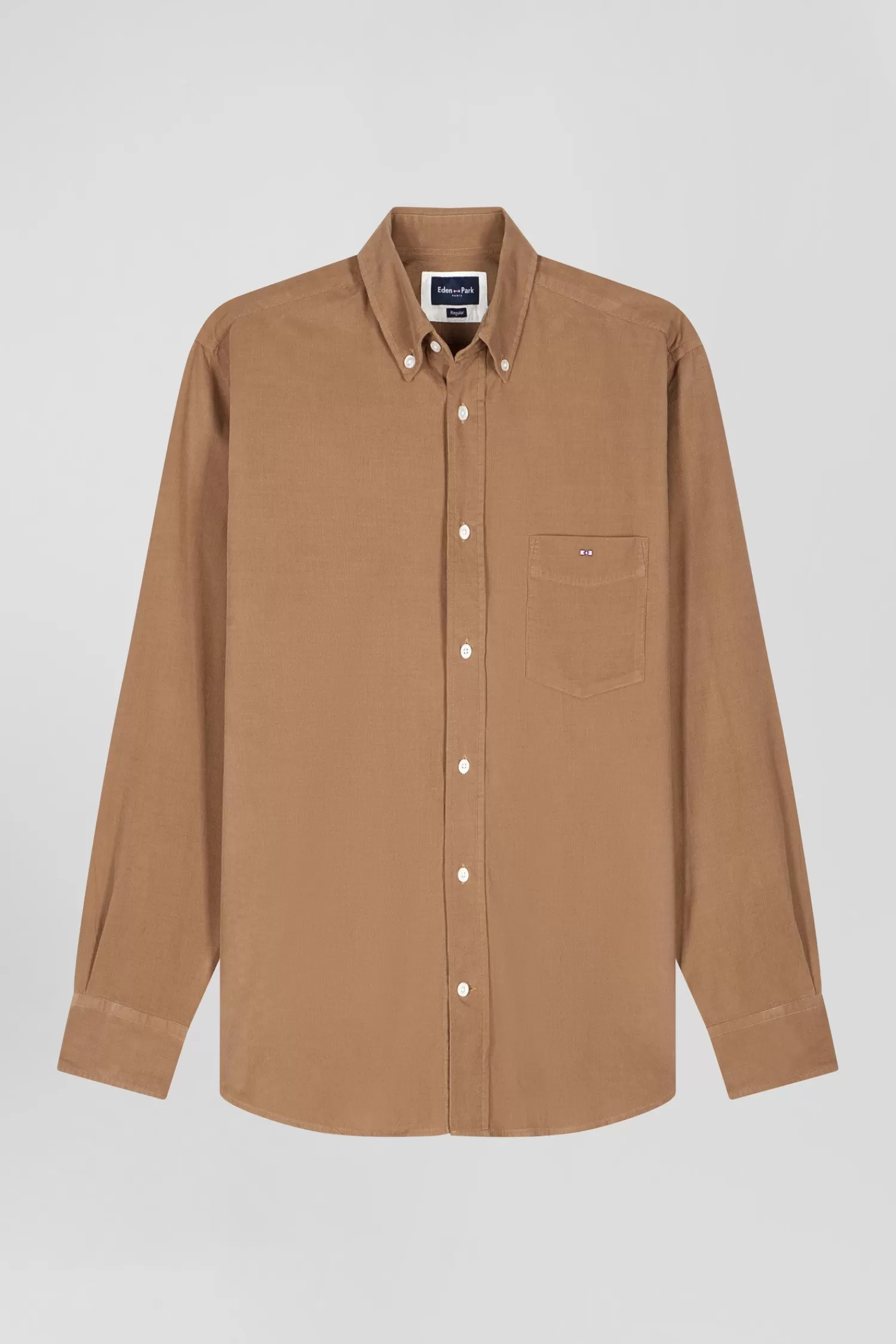 Eden Park Regular plain camel cotton shirt with button-down collar and chest pocket< Shirts