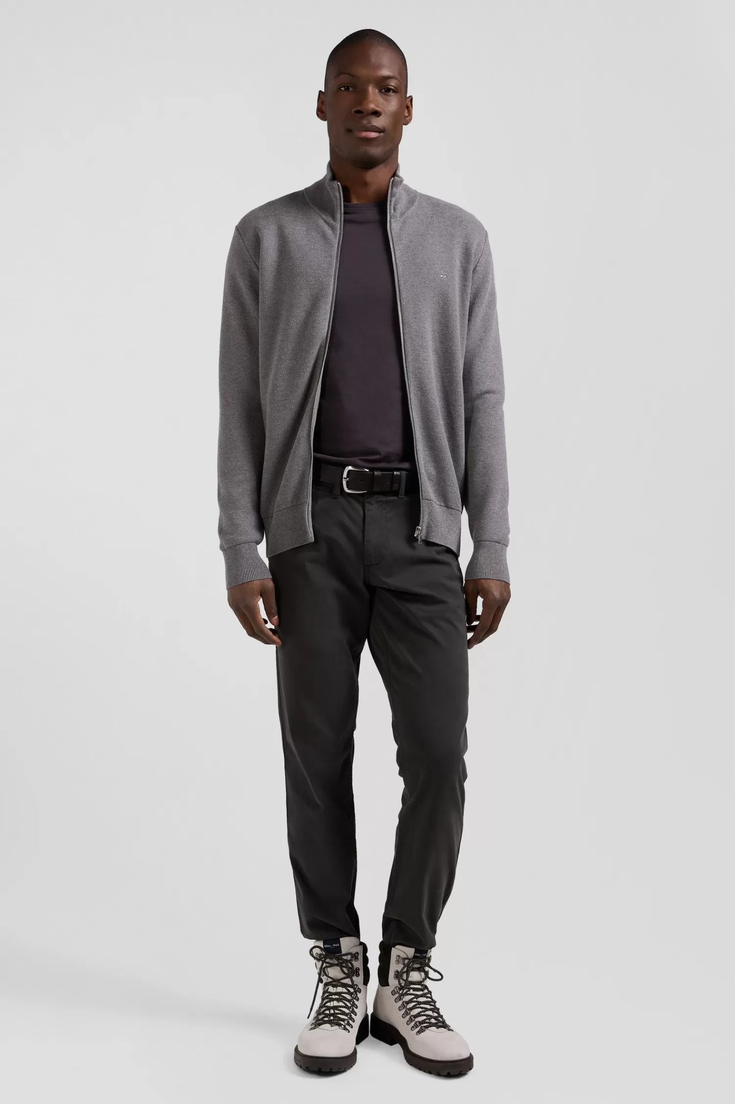 Eden Park Regular plain mottled grey cotton high collar zipped cardigan< Cardigans