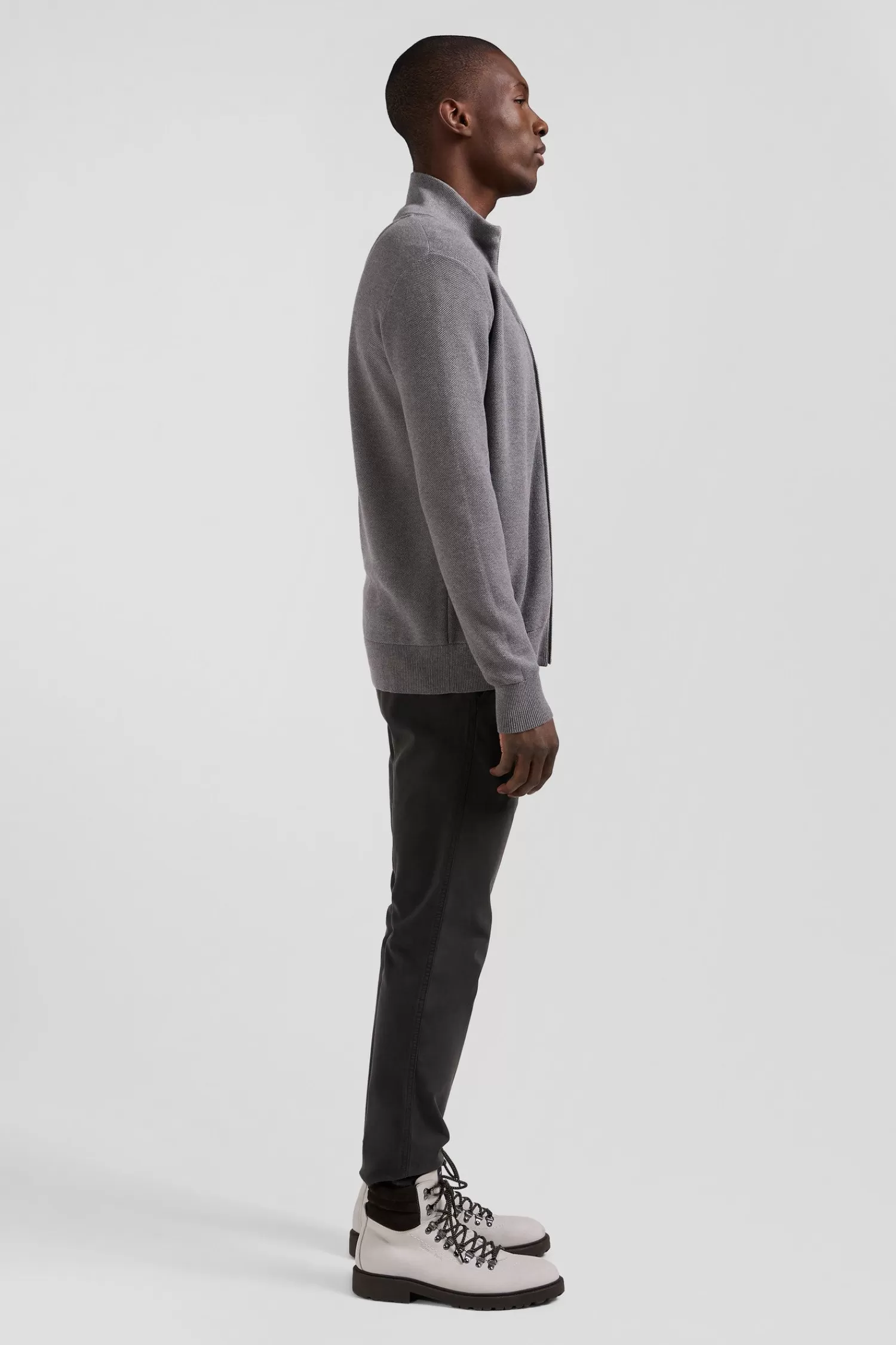 regular_plain_mottled_grey_cotton_high_collar_zipped_cardigan_4.webp Eden Park Regular plain mottled grey cotton high collar zipped cardigan< Cardigans