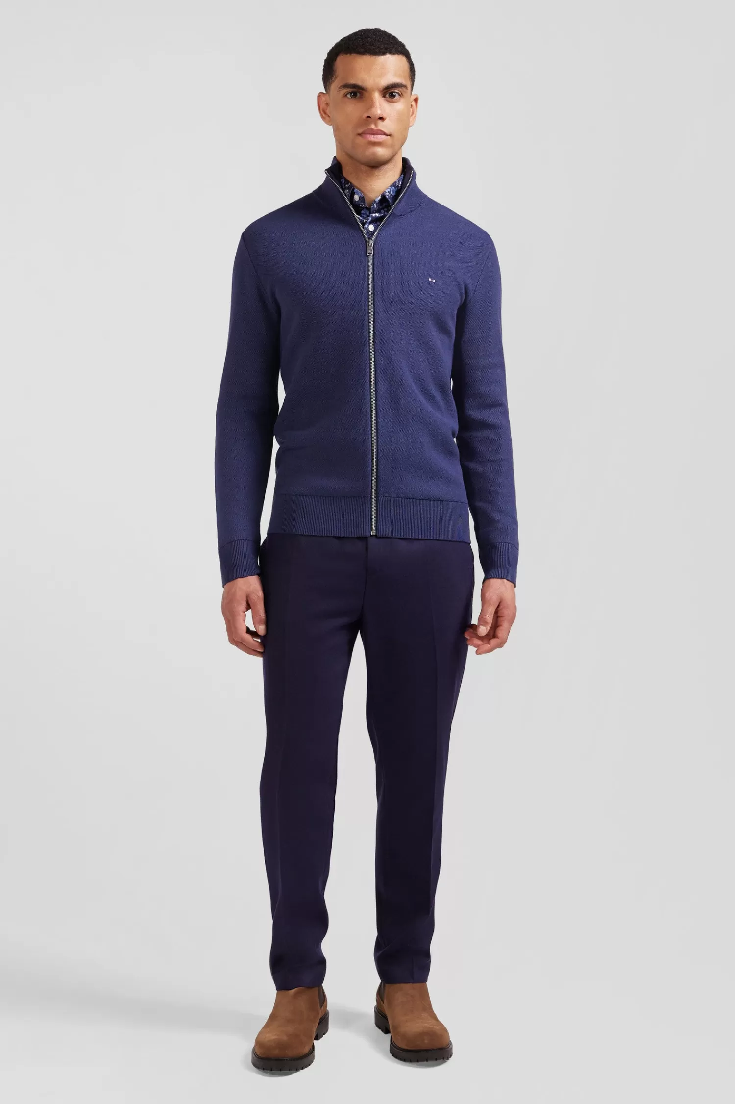 Eden Park Regular plain navy blue cotton high collar zipped cardigan< Cardigans