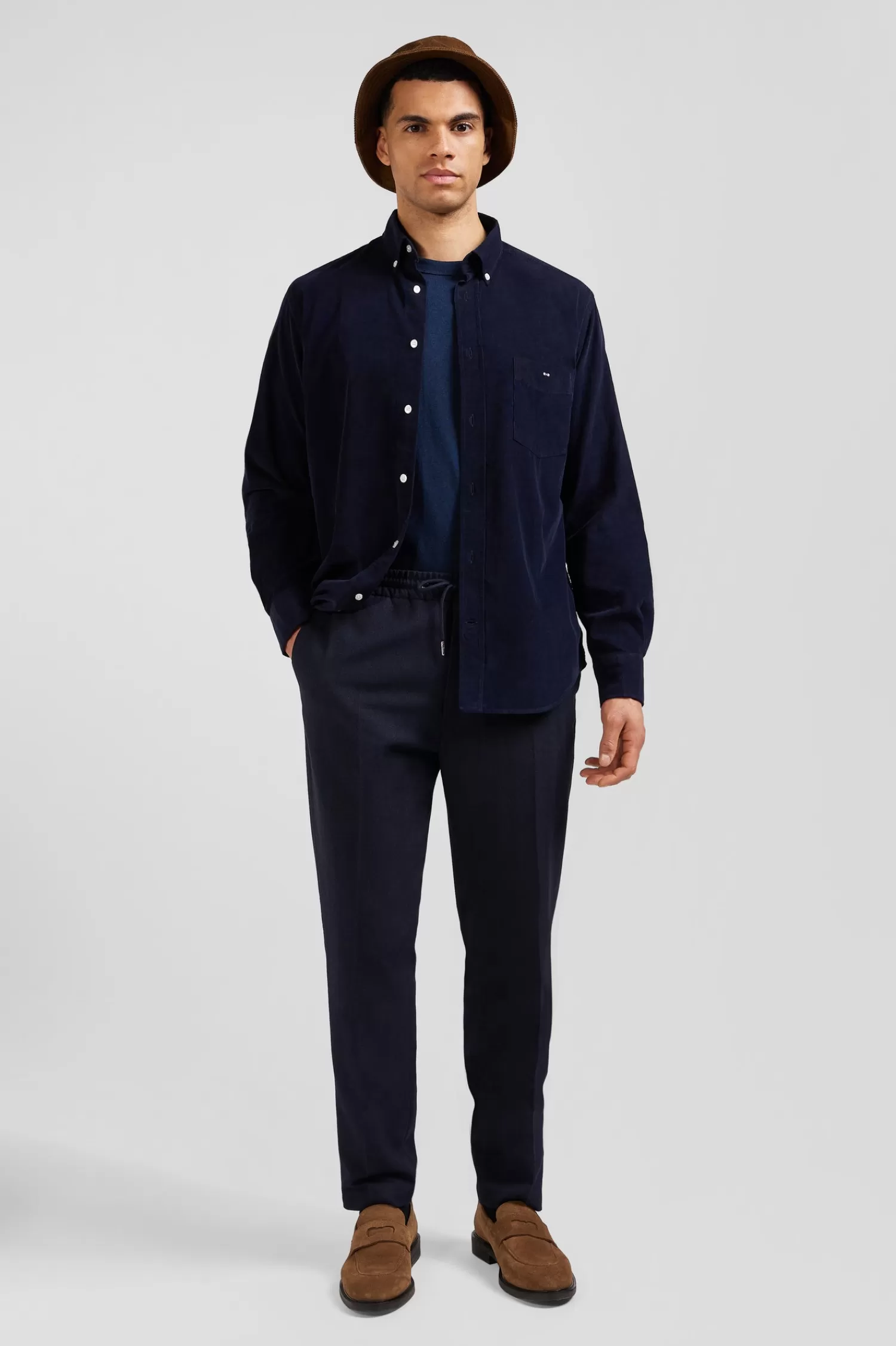 Eden Park Regular plain navy blue cotton shirt with button-down collar and chest pocket< Shirts