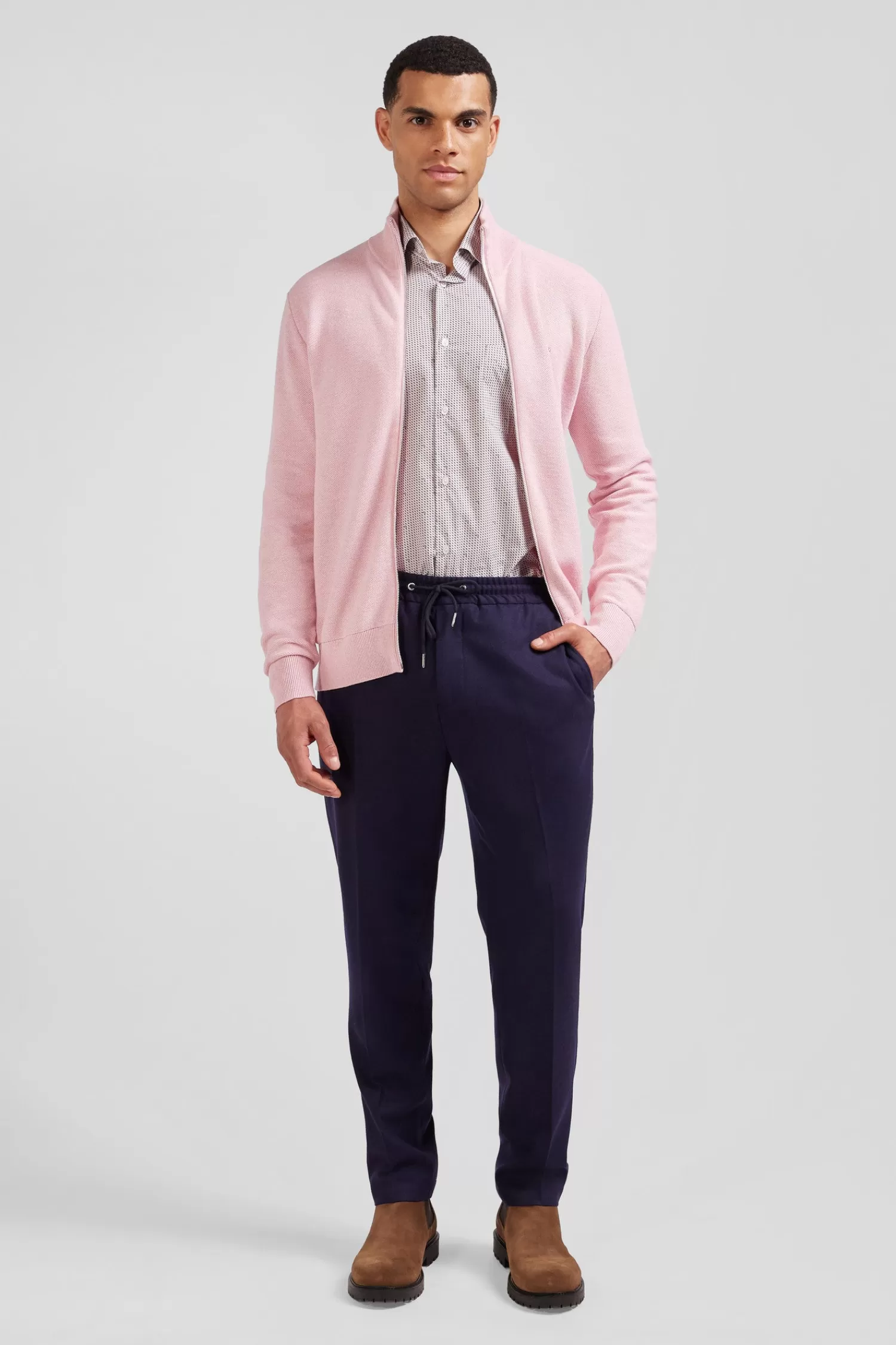 Eden Park Regular plain pink cotton high collar zipped cardigan< Cardigans