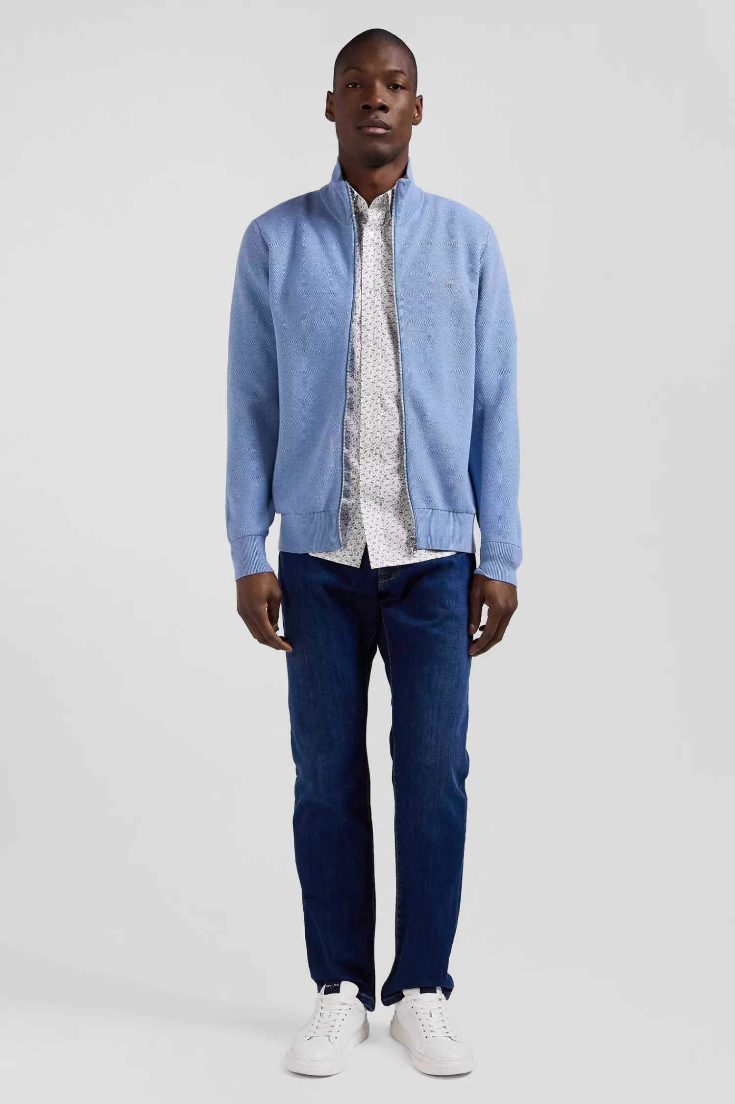 Eden Park Regular plain sky blue cotton high collar zipped cardigan< Cardigans