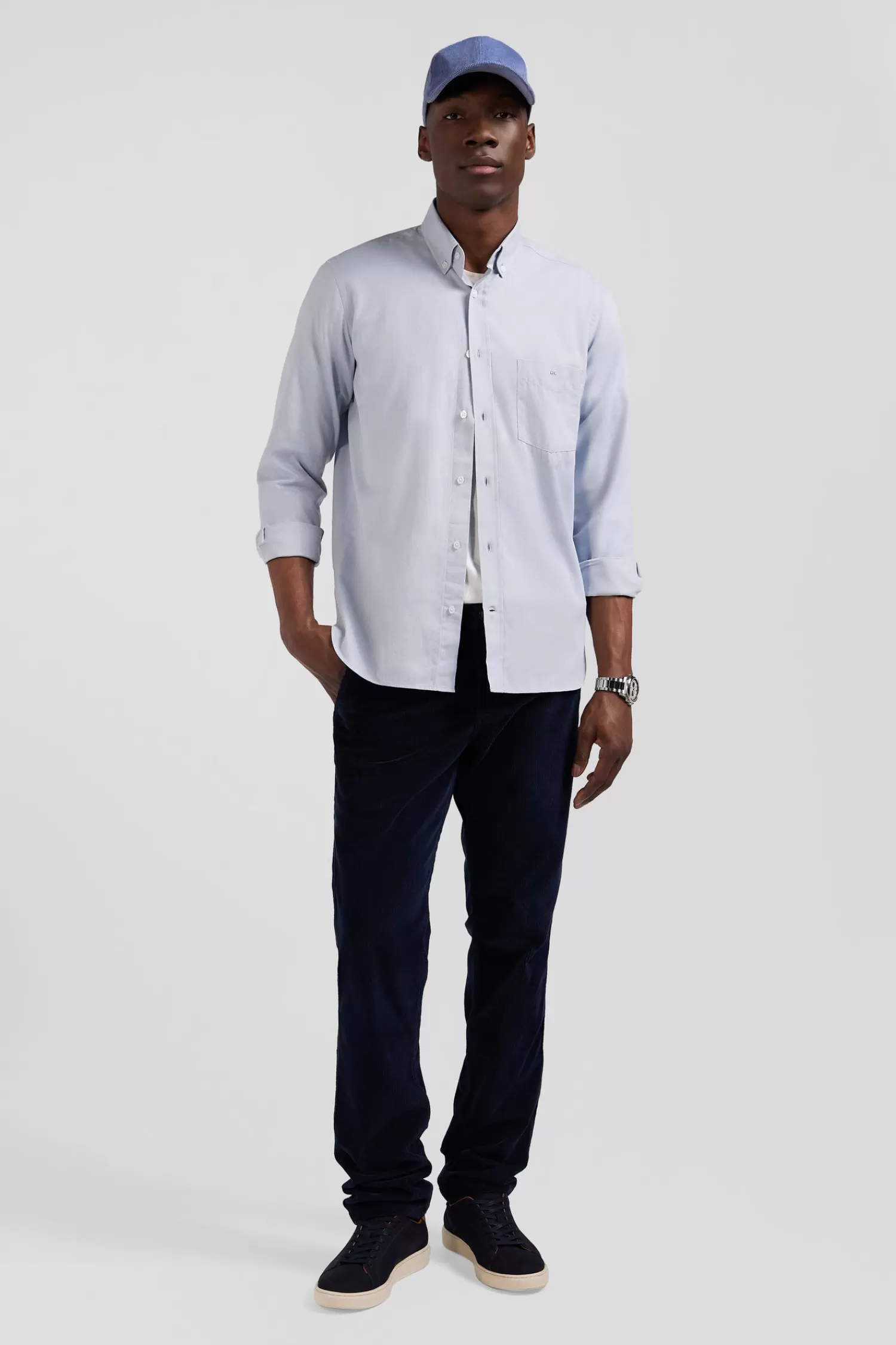 Eden Park Regular plain sky blue cotton twill shirt with button-down collar< Shirts