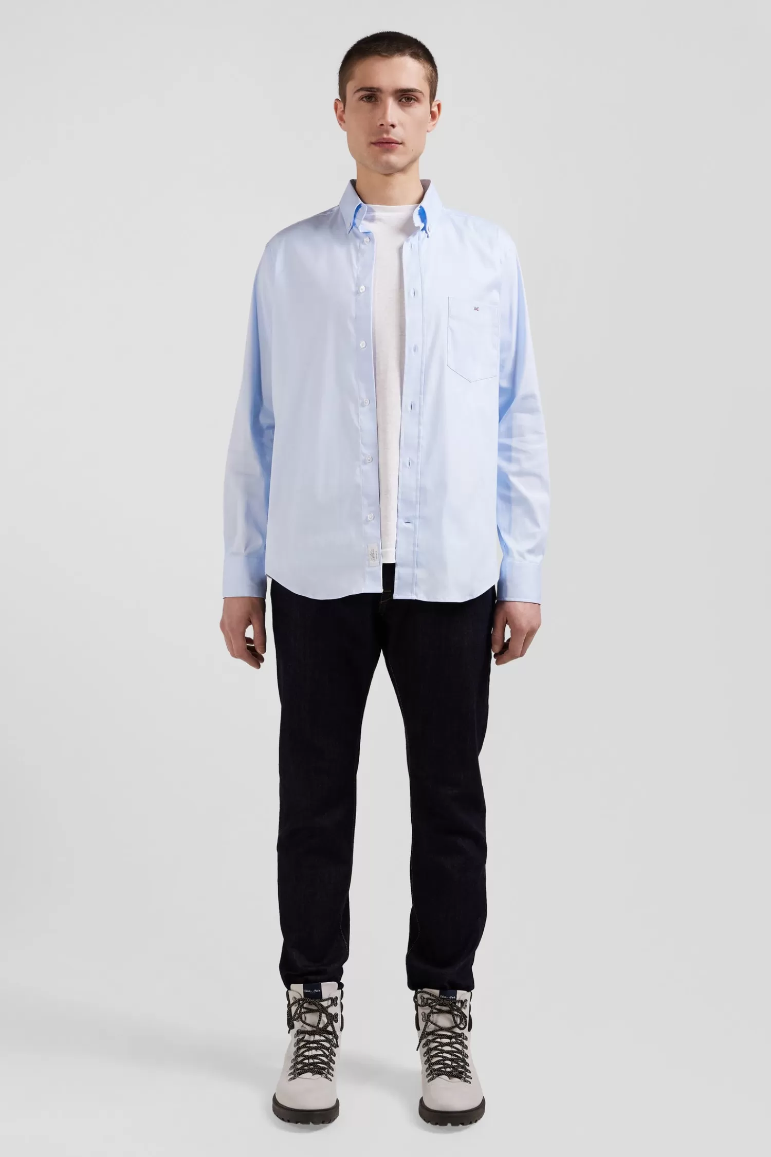 Eden Park Regular plain sky blue mixed stretch cotton shirt< Shirts