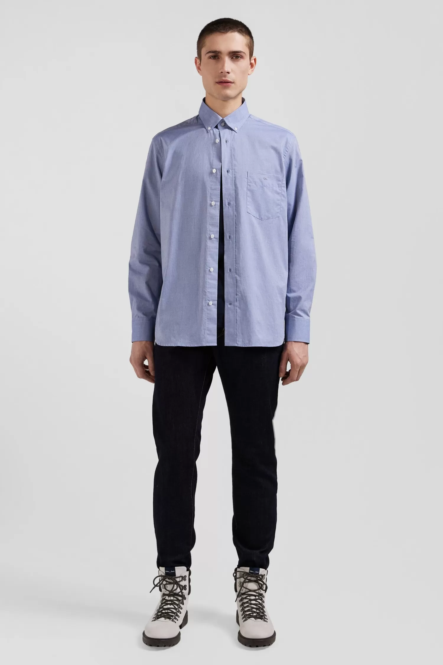 Eden Park Regular sky blue cotton denim shirt with printed elbow patches< Shirts