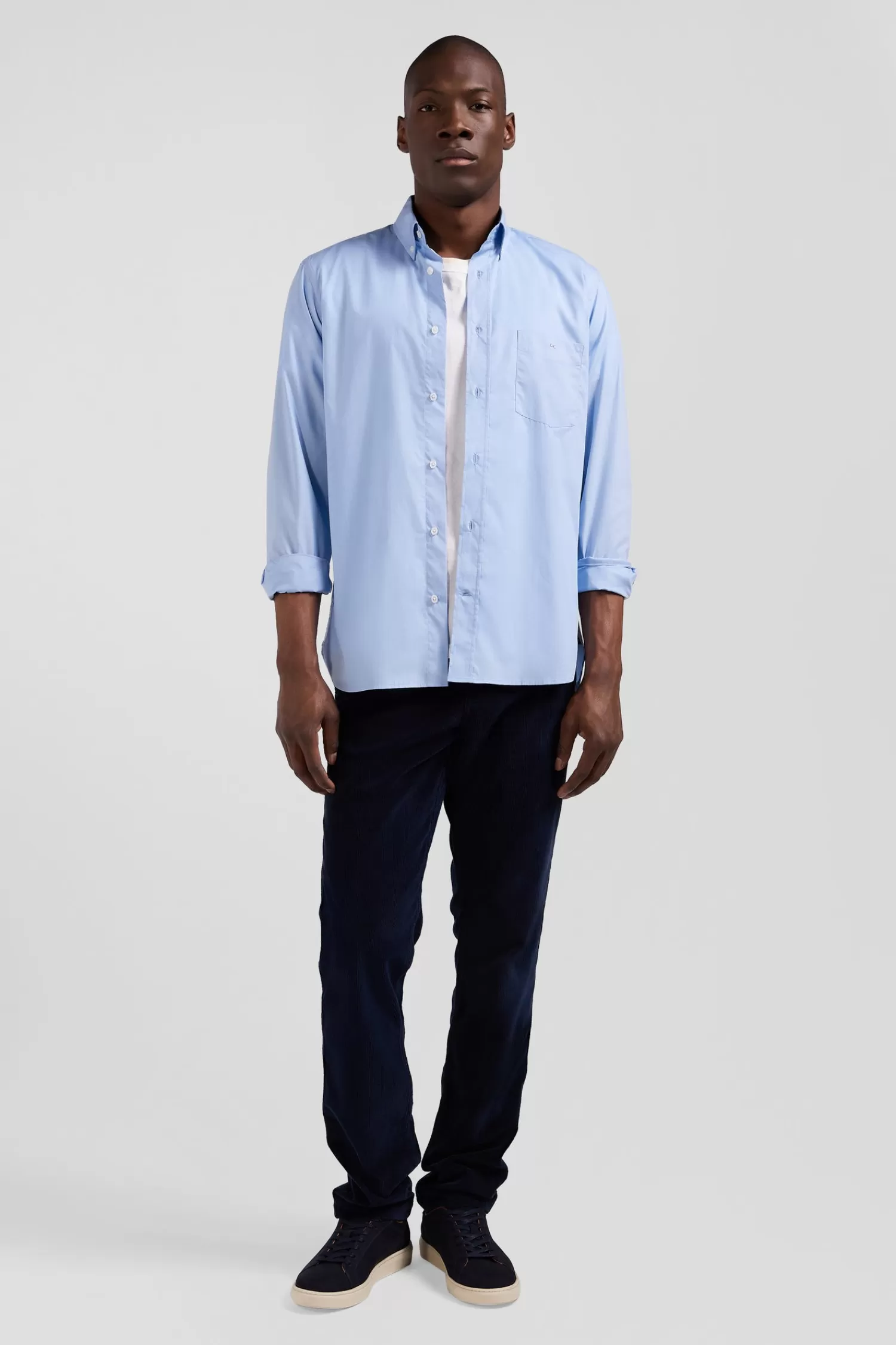 Eden Park Regular sky blue cotton poplin shirt with button-down collar and printed elbow patches< Shirts
