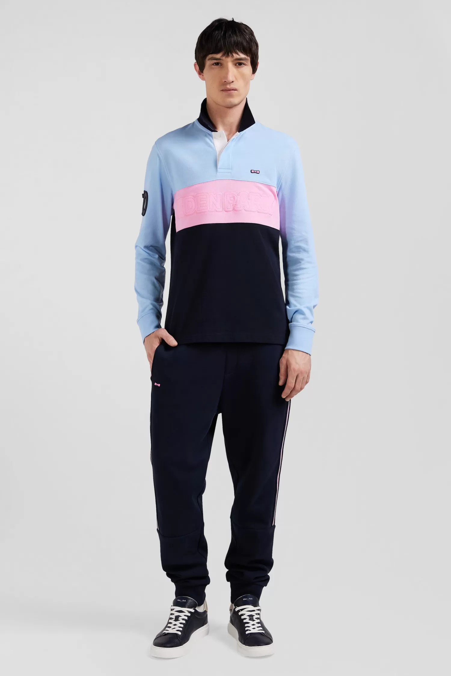 Eden Park Regular sky blue long-sleeved cotton piqué polo shirt with padded embroidery< Polos