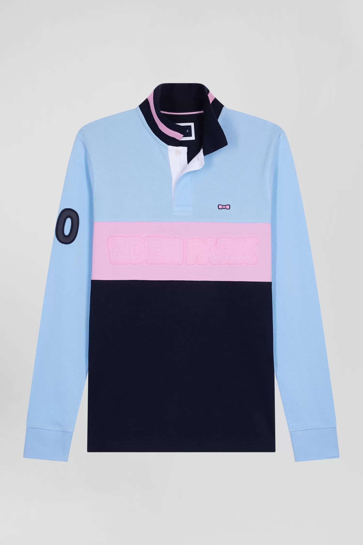 Eden Park Regular sky blue long-sleeved cotton piqué polo shirt with padded embroidery< Polos