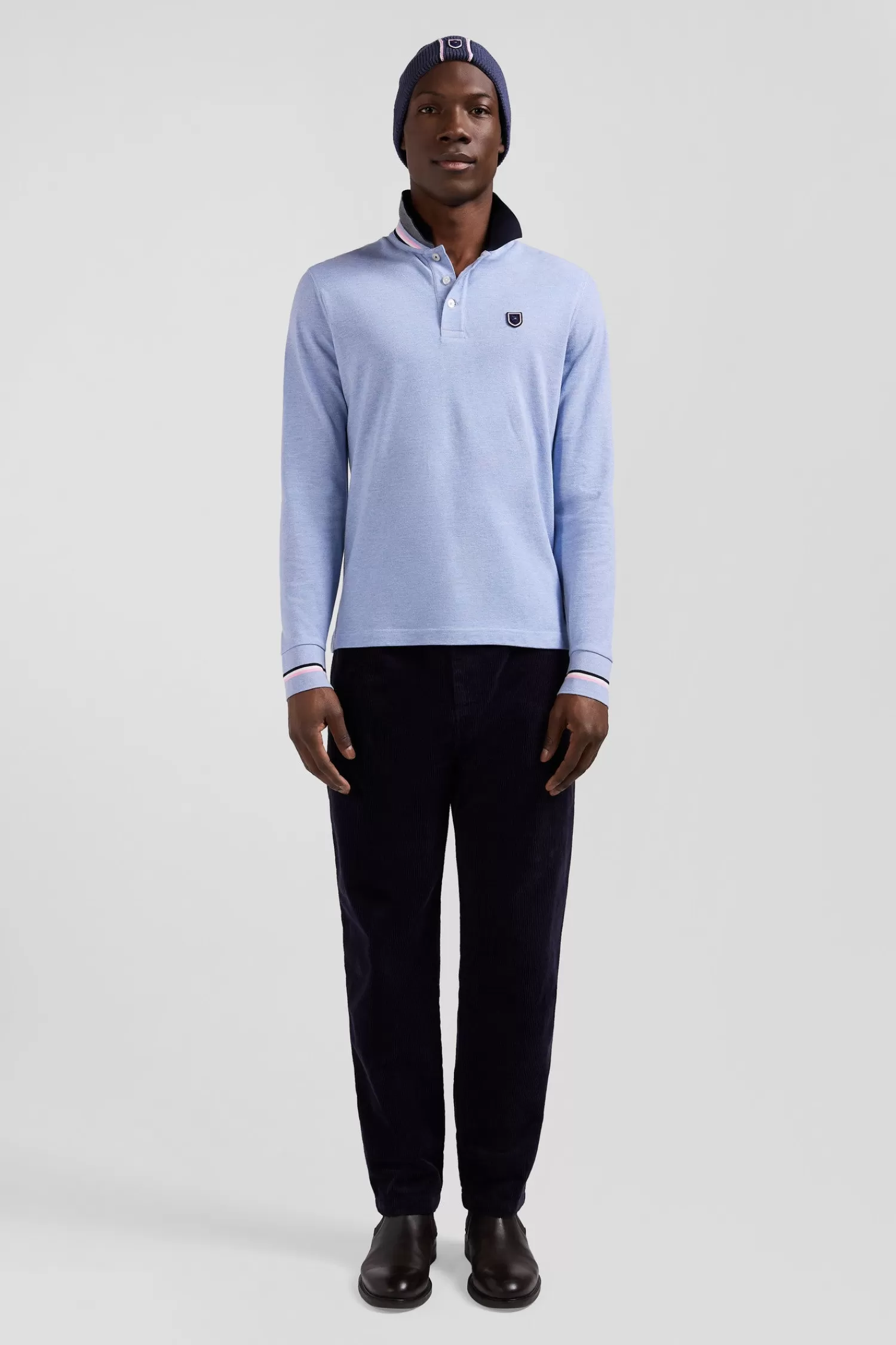 Eden Park Regular sky blue long-sleeved cotton piqué polo shirt with rubber badge< Polos