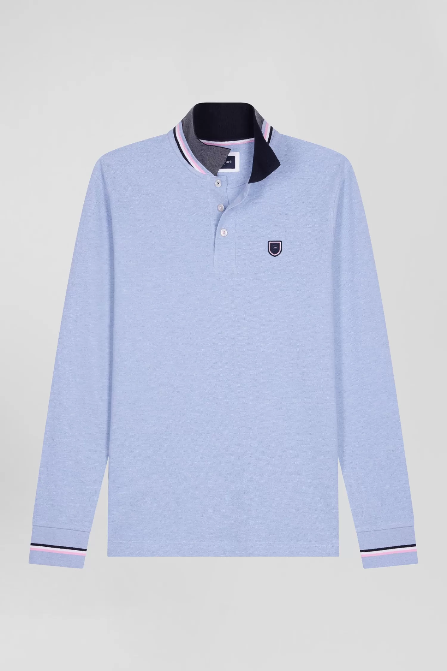 Eden Park Regular sky blue long-sleeved cotton piqué polo shirt with rubber badge< Polos