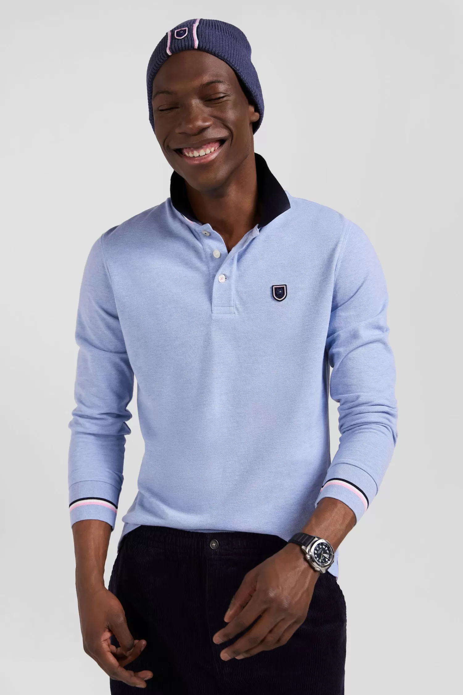 Eden Park Regular sky blue long-sleeved cotton piqué polo shirt with rubber badge< Polos