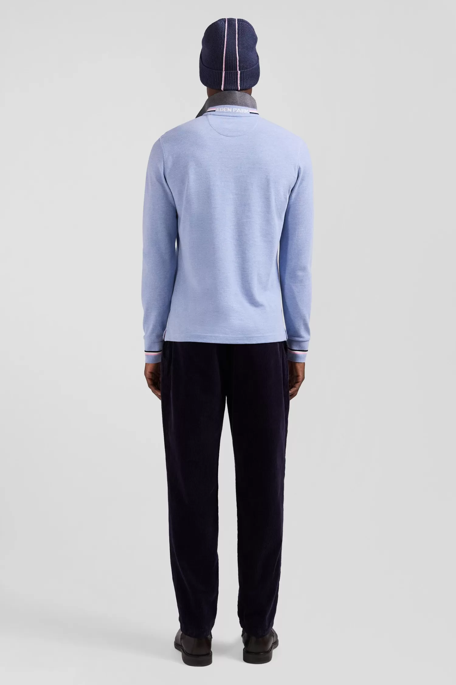 Eden Park Regular sky blue long-sleeved cotton piqué polo shirt with rubber badge< Polos