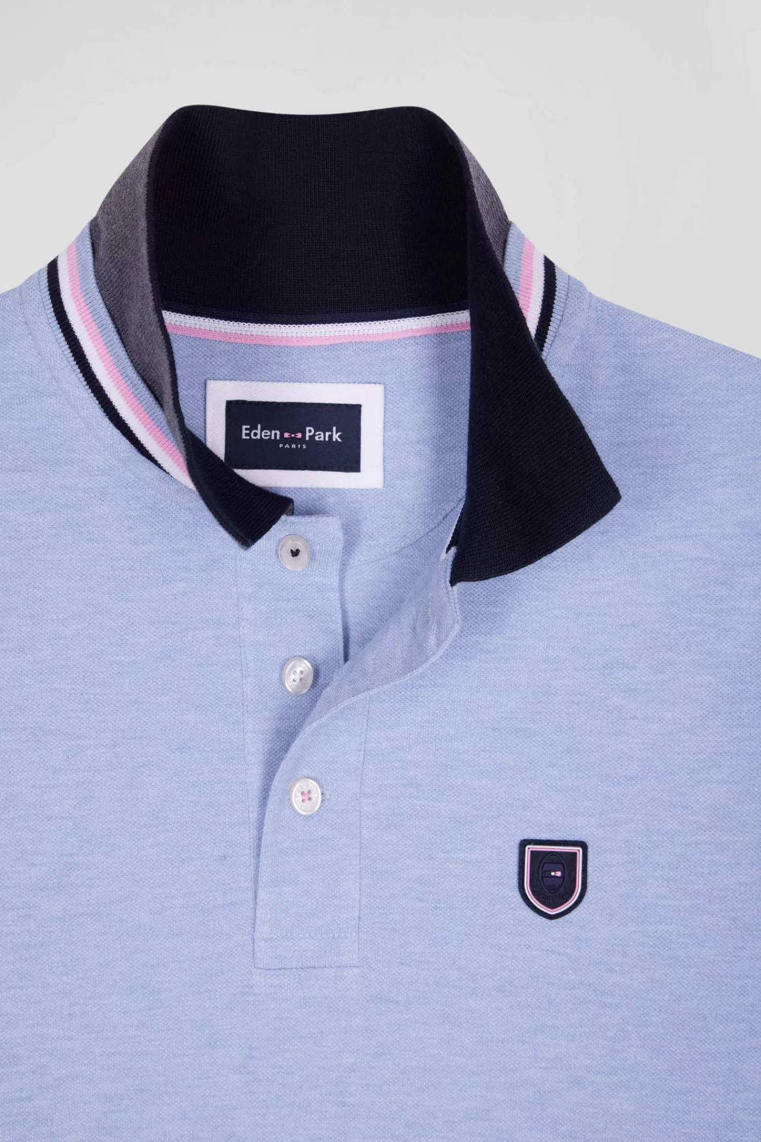 Eden Park Regular sky blue long-sleeved cotton piqué polo shirt with rubber badge< Polos