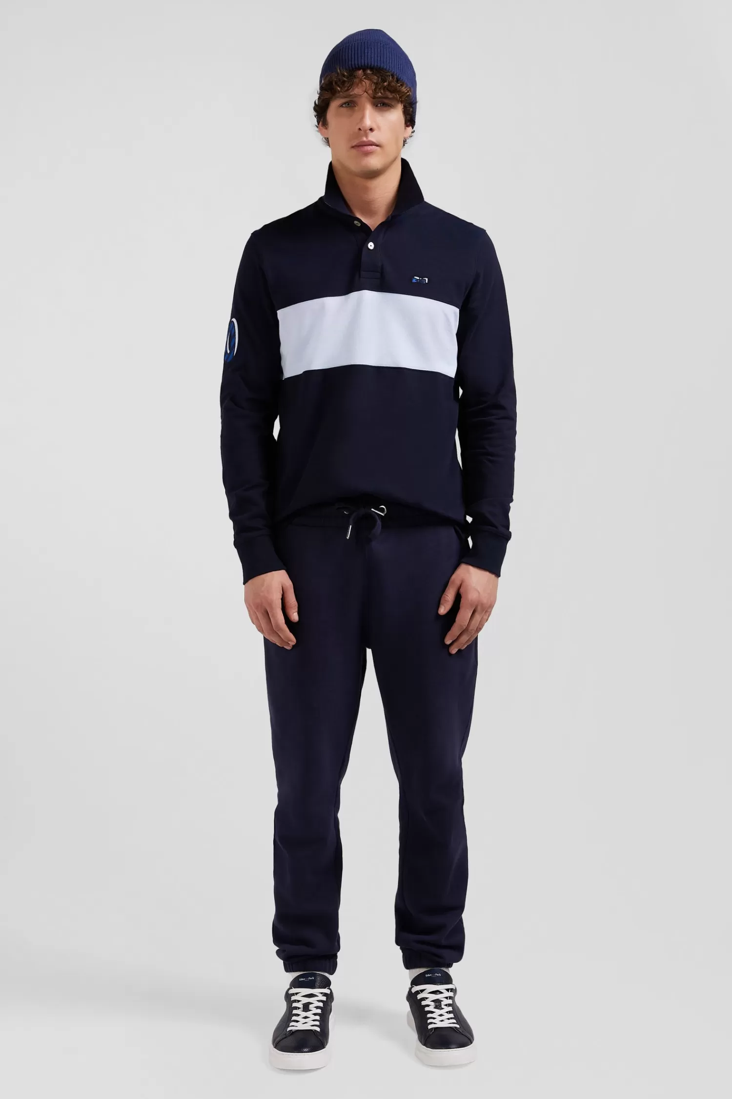 Eden Park Regular sky blue long-sleeved cotton piqué polo shirt with sleeve embroidery< Polos