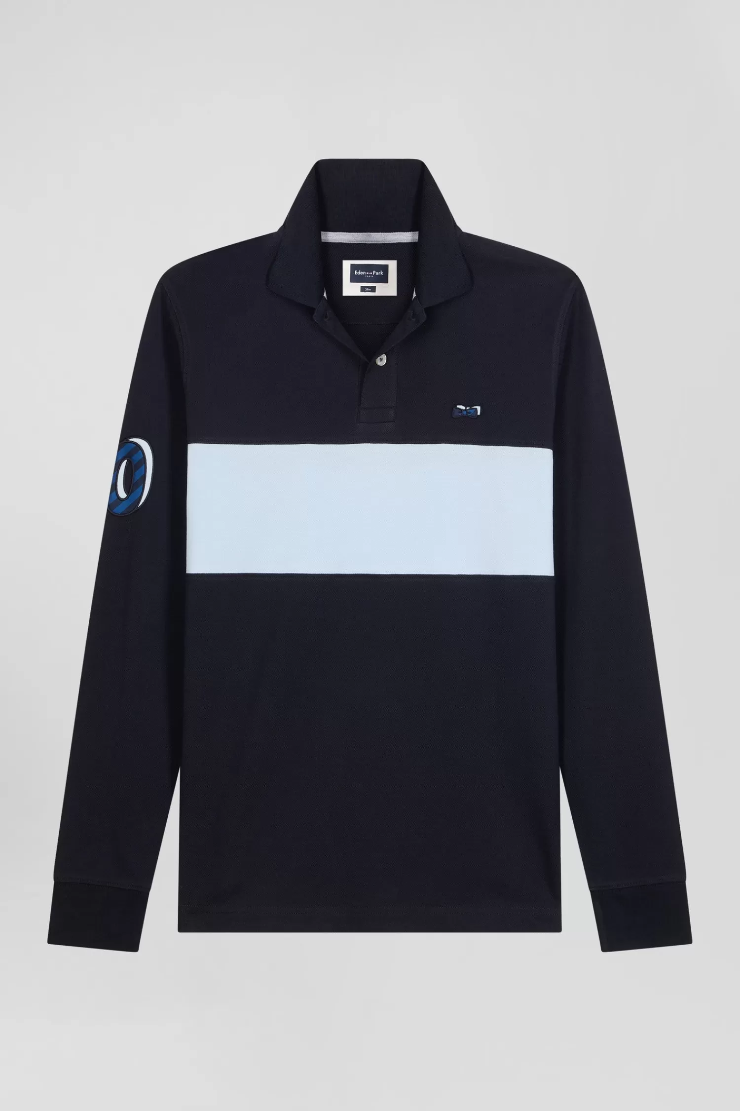 Eden Park Regular sky blue long-sleeved cotton piqué polo shirt with sleeve embroidery< Polos