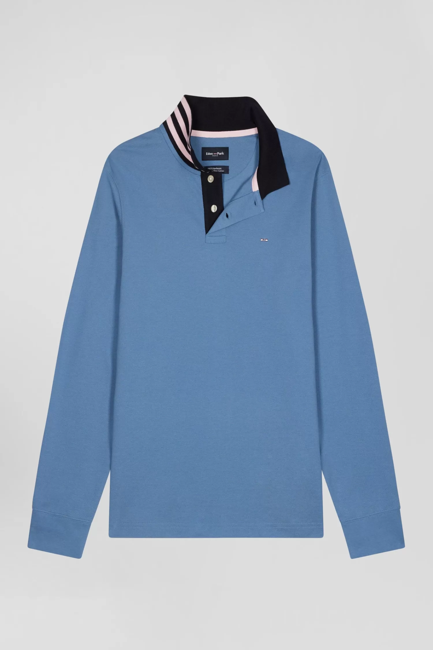 Eden Park Regular sky blue long-sleeved cotton piqué polo shirt with striped collar< Polos