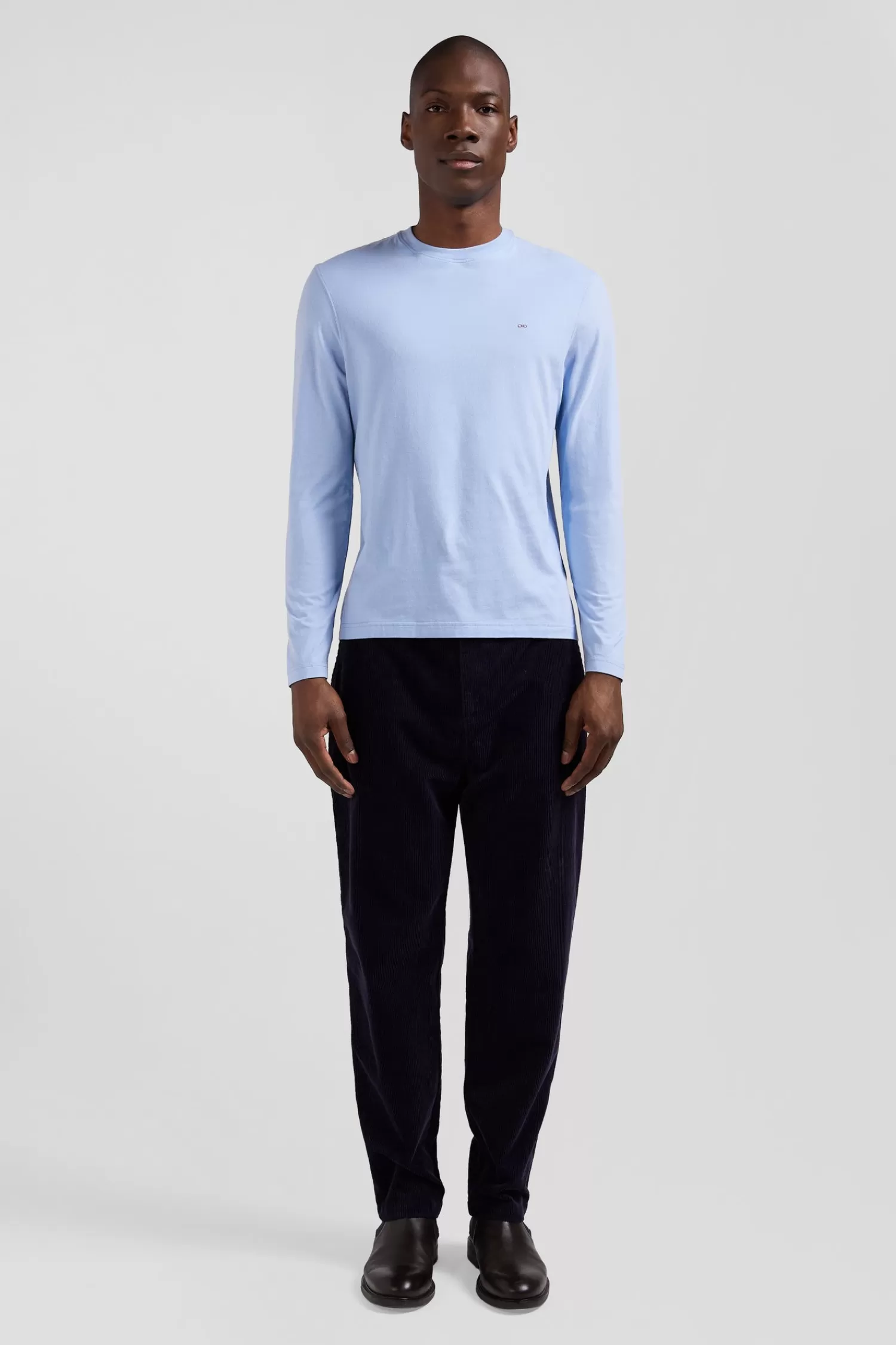 Eden Park Regular sky blue long-sleeved cotton T-shirt with floral back patch< T-shirts