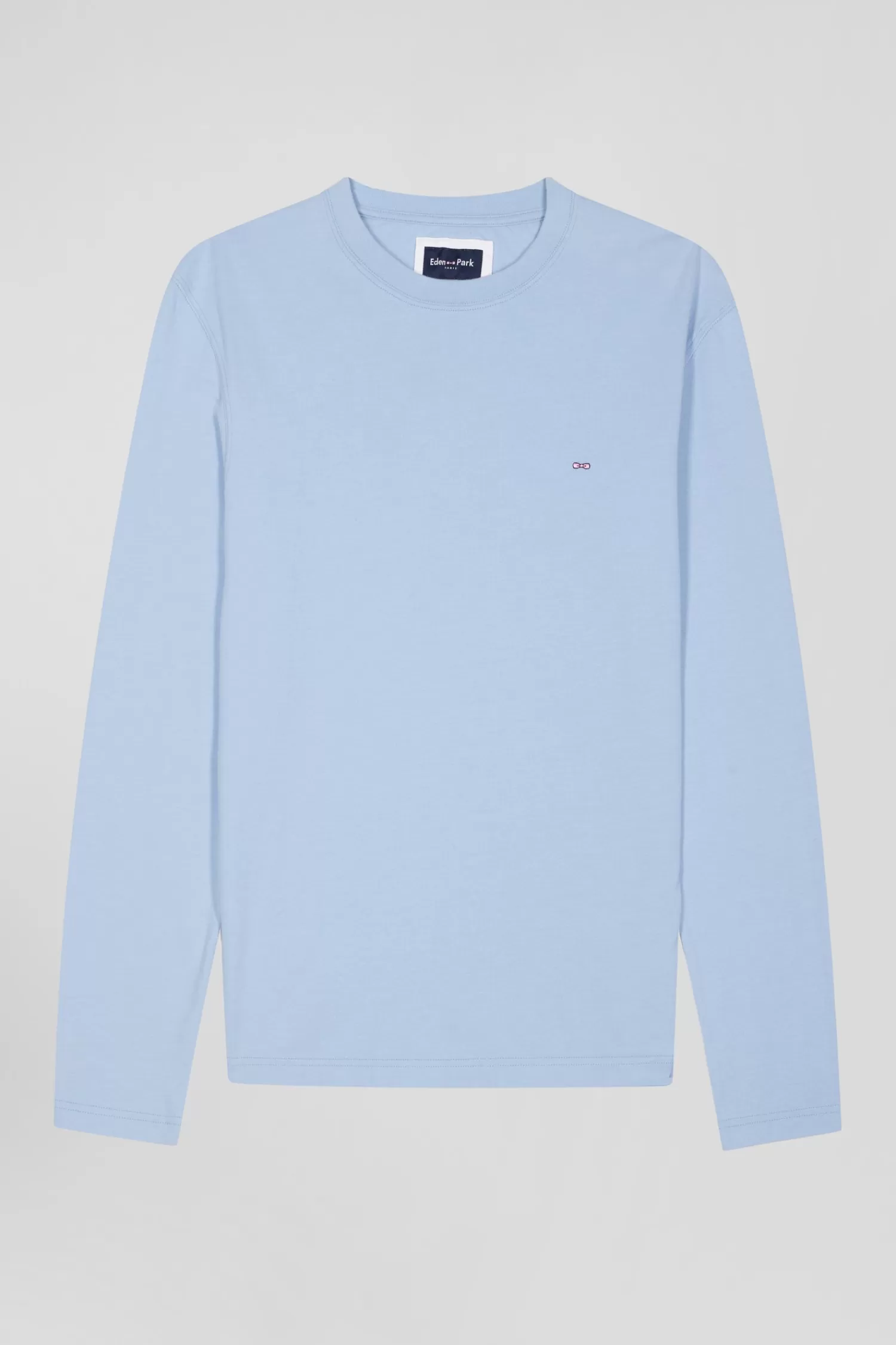 Eden Park Regular sky blue long-sleeved cotton T-shirt with floral back patch< T-shirts