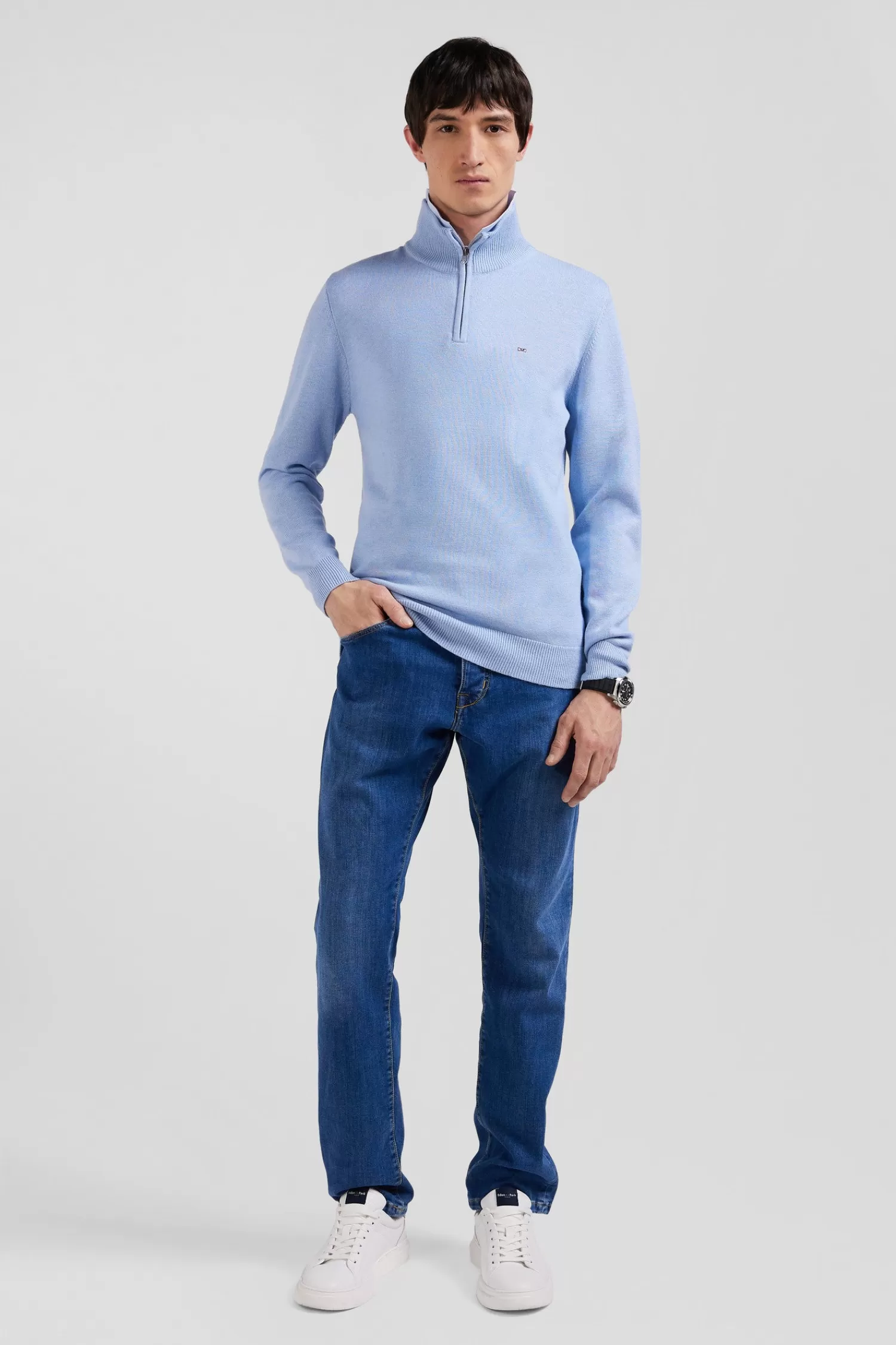 Eden Park Regular sky blue semi-zipped wool and cotton jumper< Sweaters