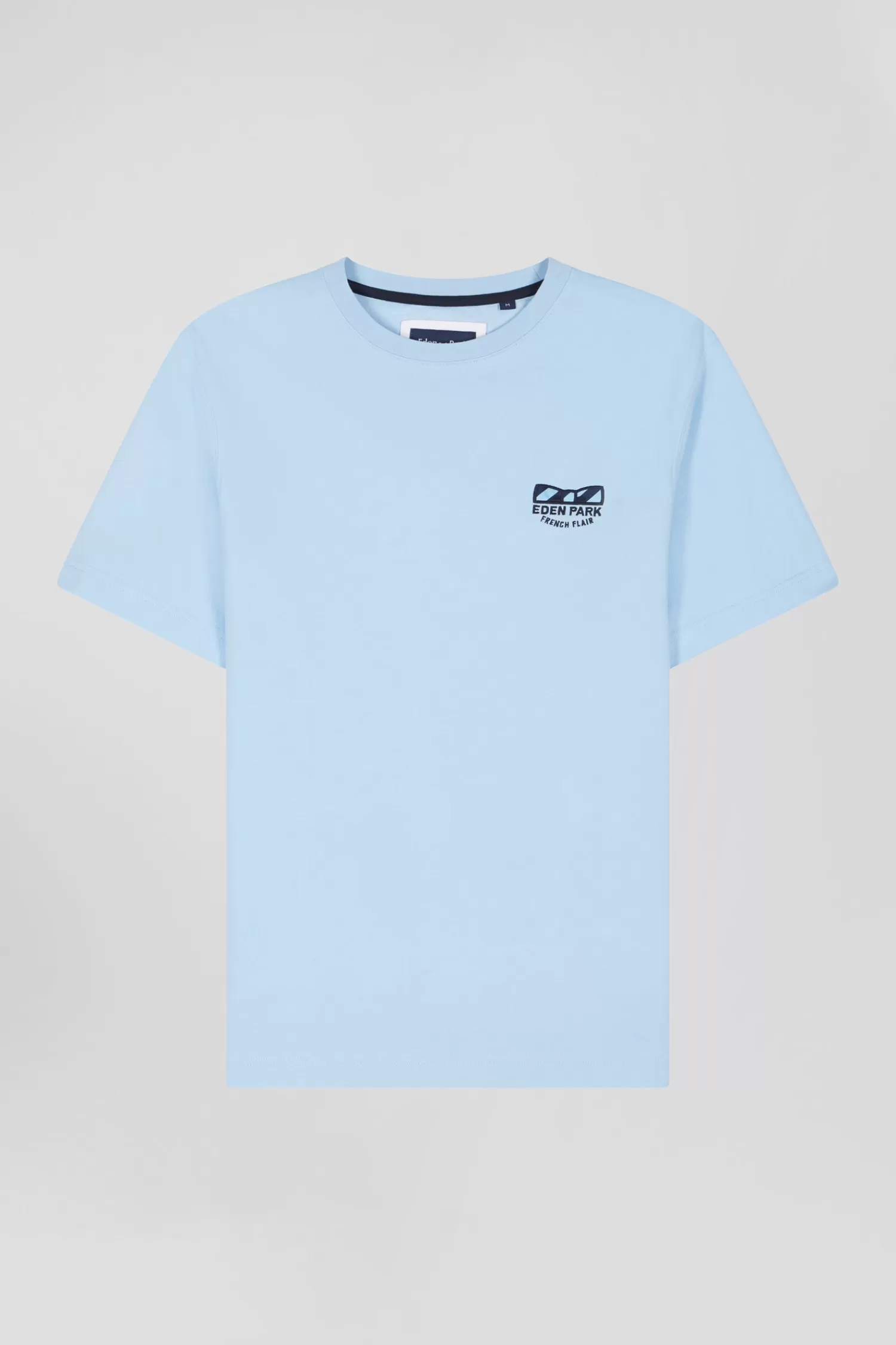 Eden Park Regular sky blue short-sleeved cotton T-shirt with tie patchwork emblem< T-shirts