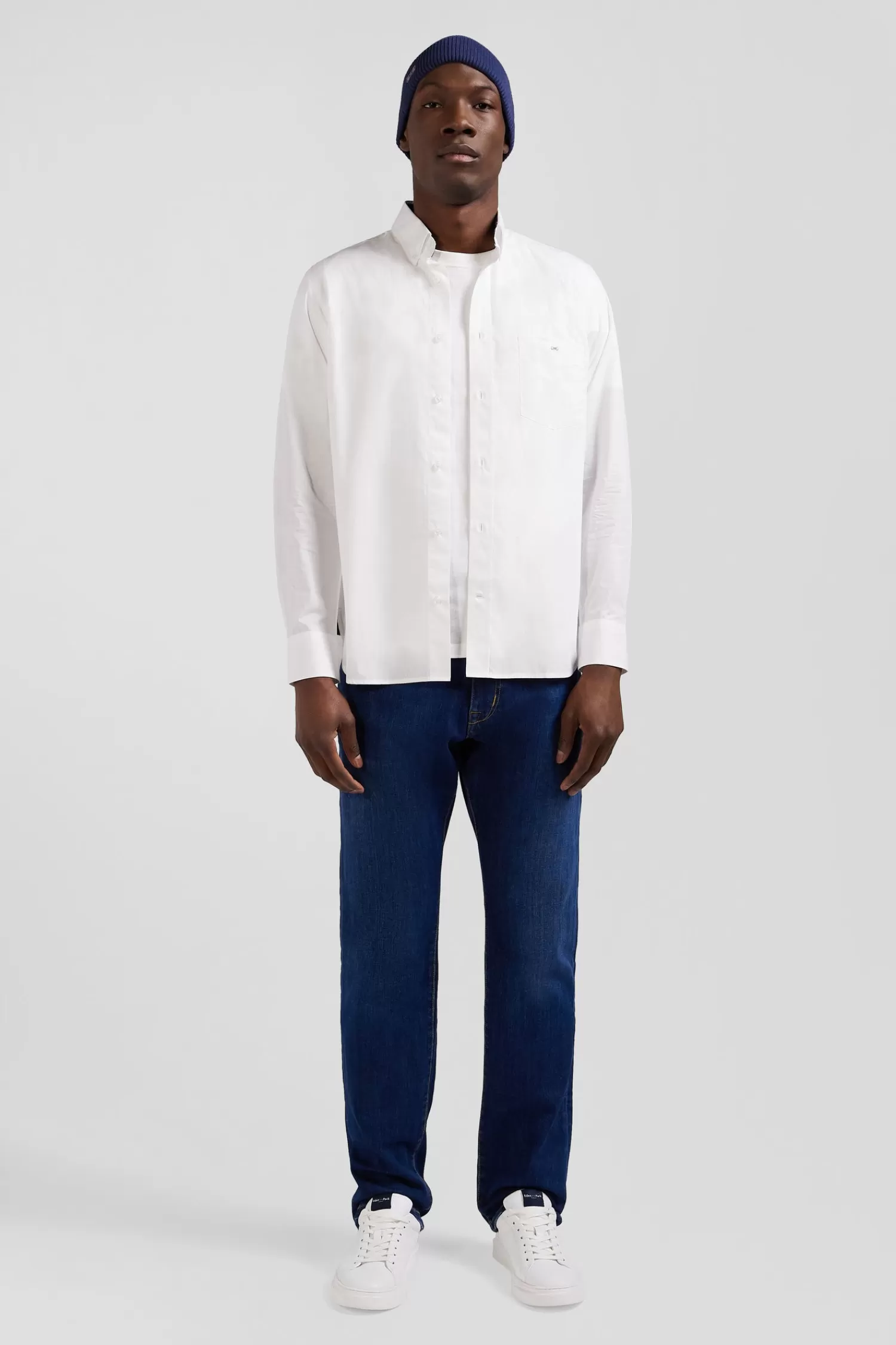 Eden Park Regular white cotton poplin shirt with button-down collar and printed elbow patches< Shirts
