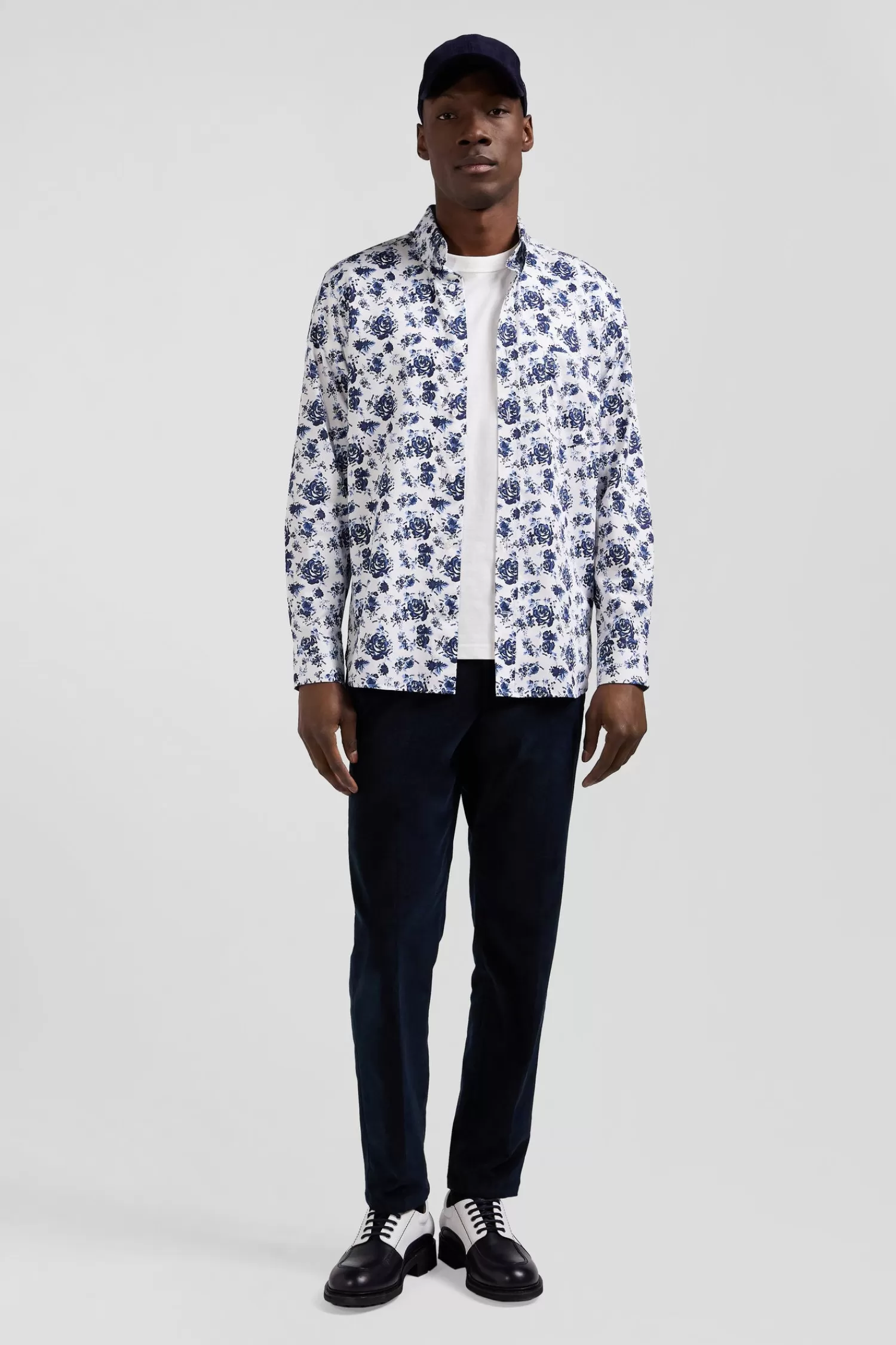Eden Park Regular white cotton twill shirt with blue floral print< Shirts