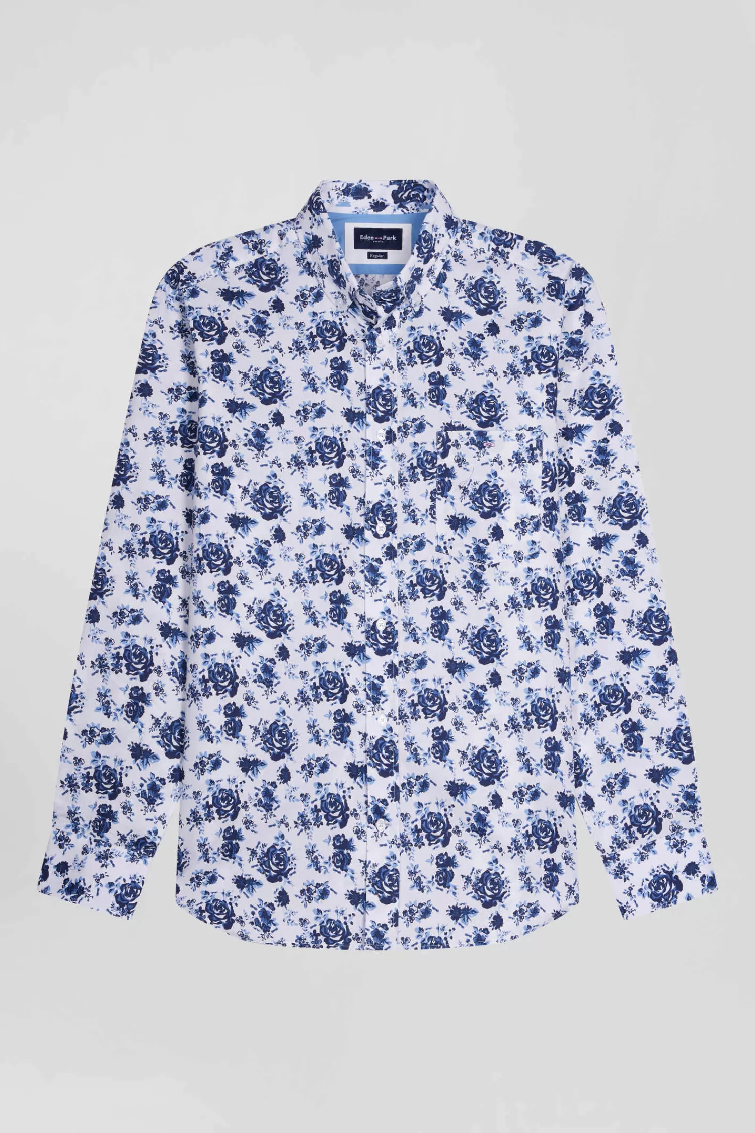 Eden Park Regular white cotton twill shirt with blue floral print< Shirts