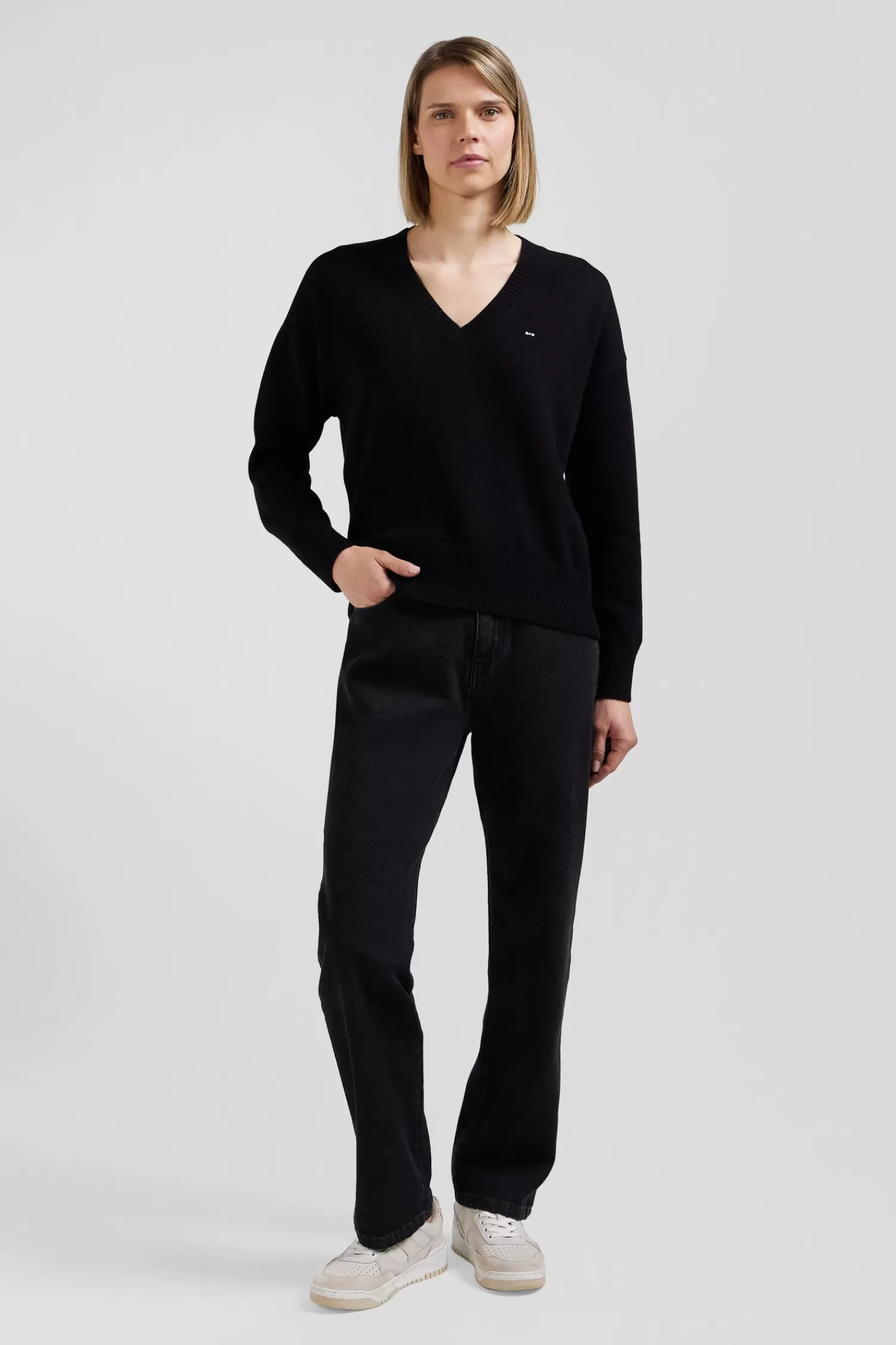 Eden Park Relax black wool and cotton V-neck jumper<Women Sweaters