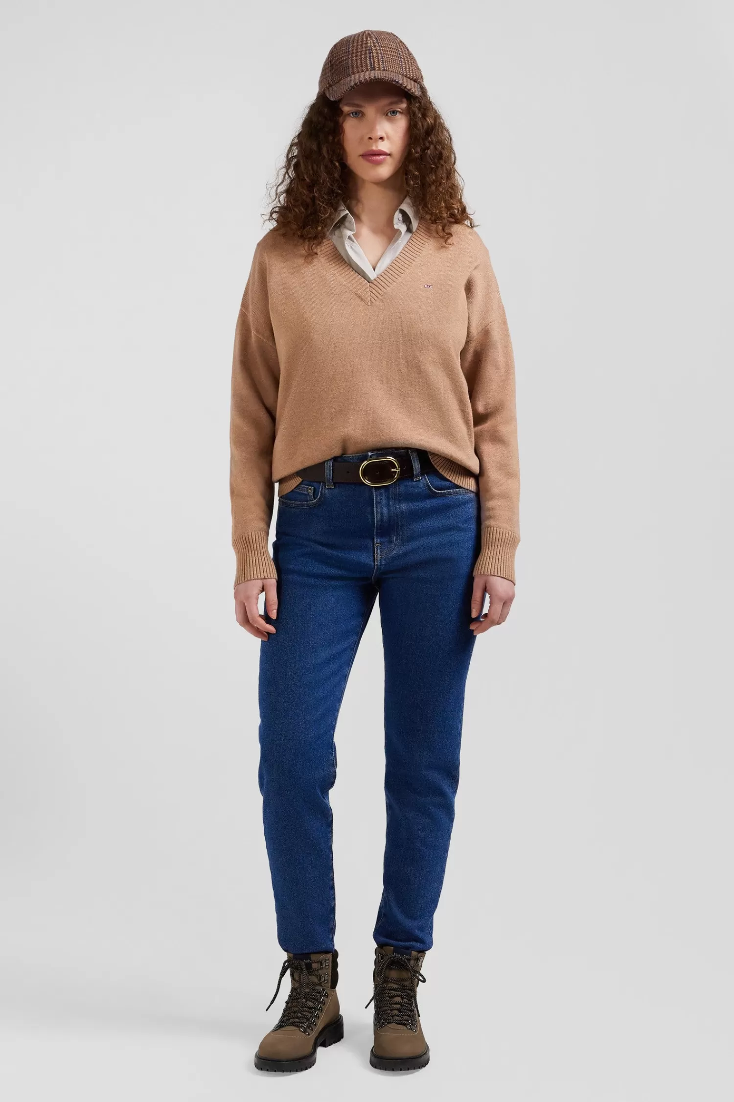 Eden Park Relax camel wool and cotton V-neck jumper<Women Sweaters