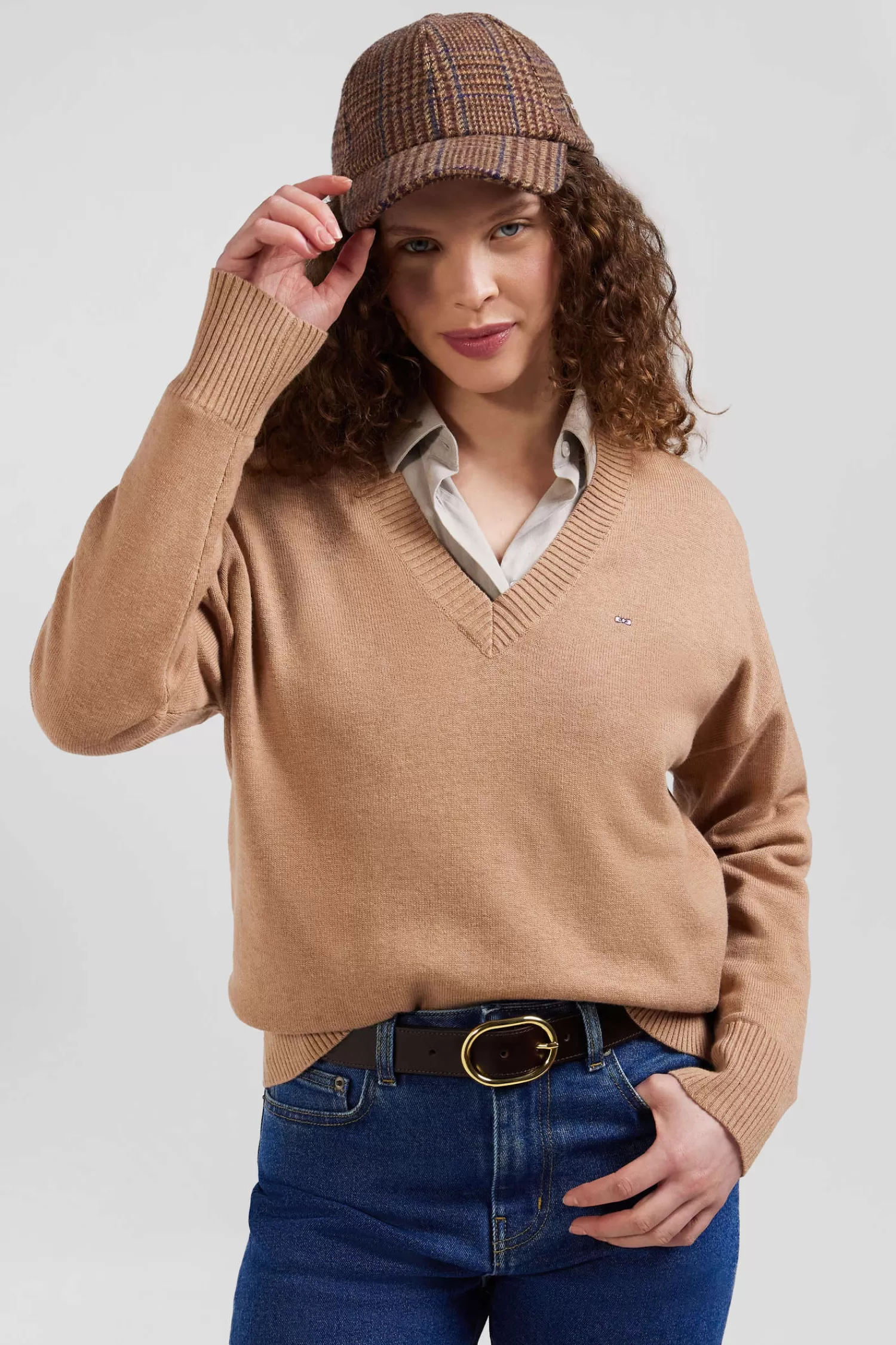 relax_camel_wool_and_cotton_vneck_jumper_2.webp Eden Park Relax camel wool and cotton V-neck jumper<Women Sweaters