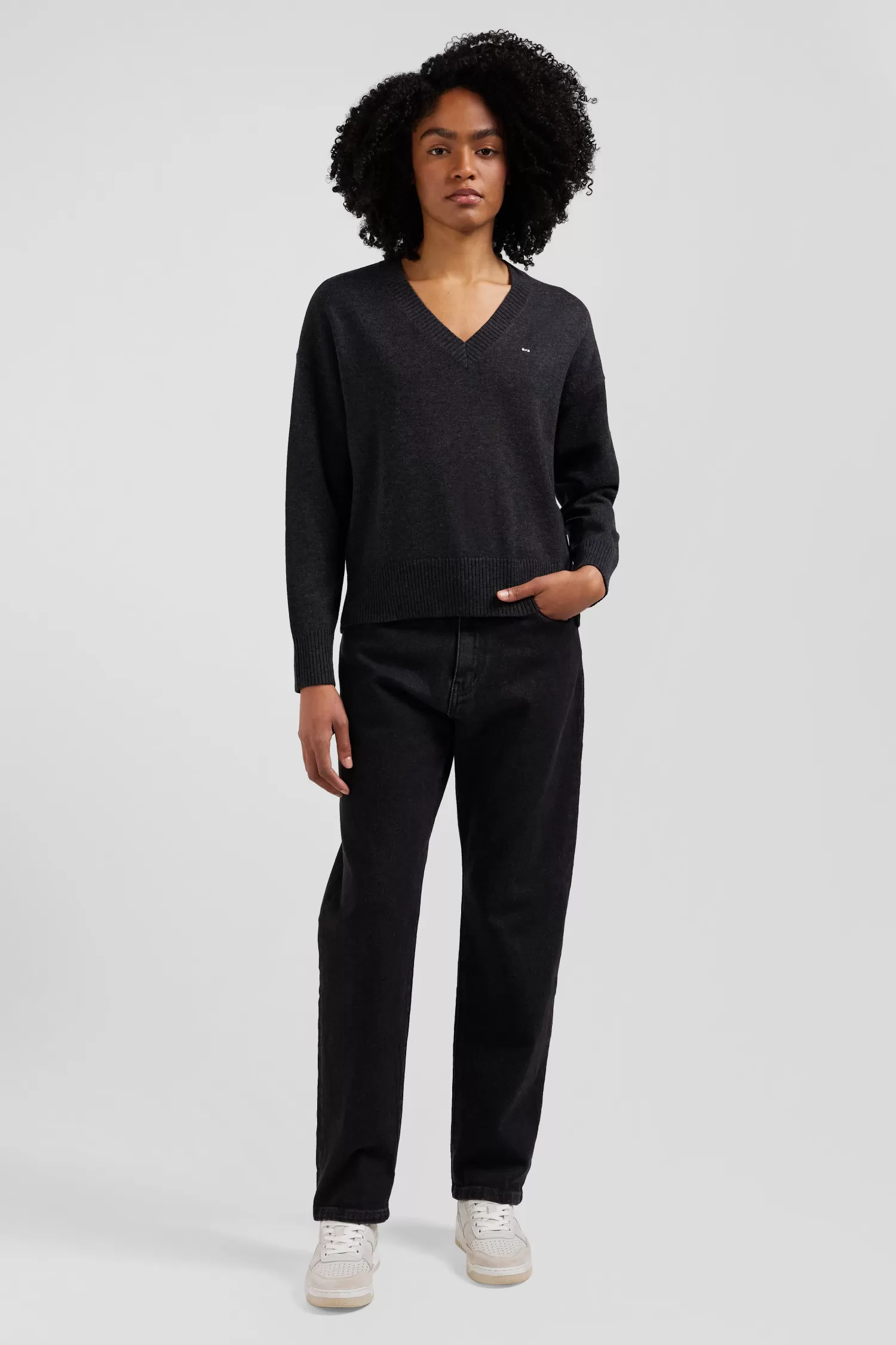 Eden Park Relax dark grey mottled wool and cotton V-neck jumper<Women Sweaters