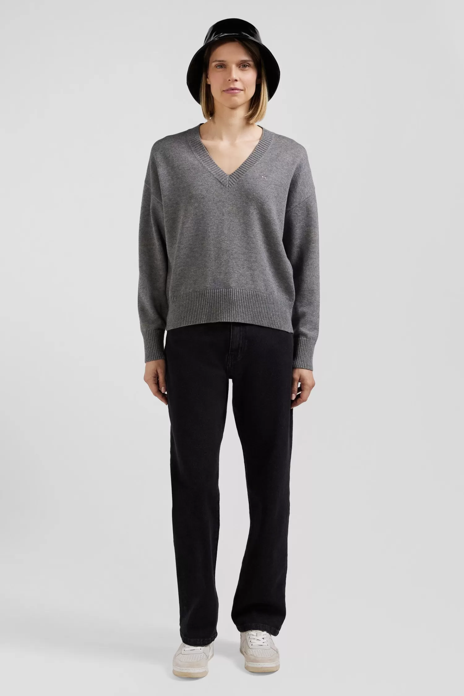 Eden Park Relax light grey wool and cotton V-neck jumper<Women Sweaters