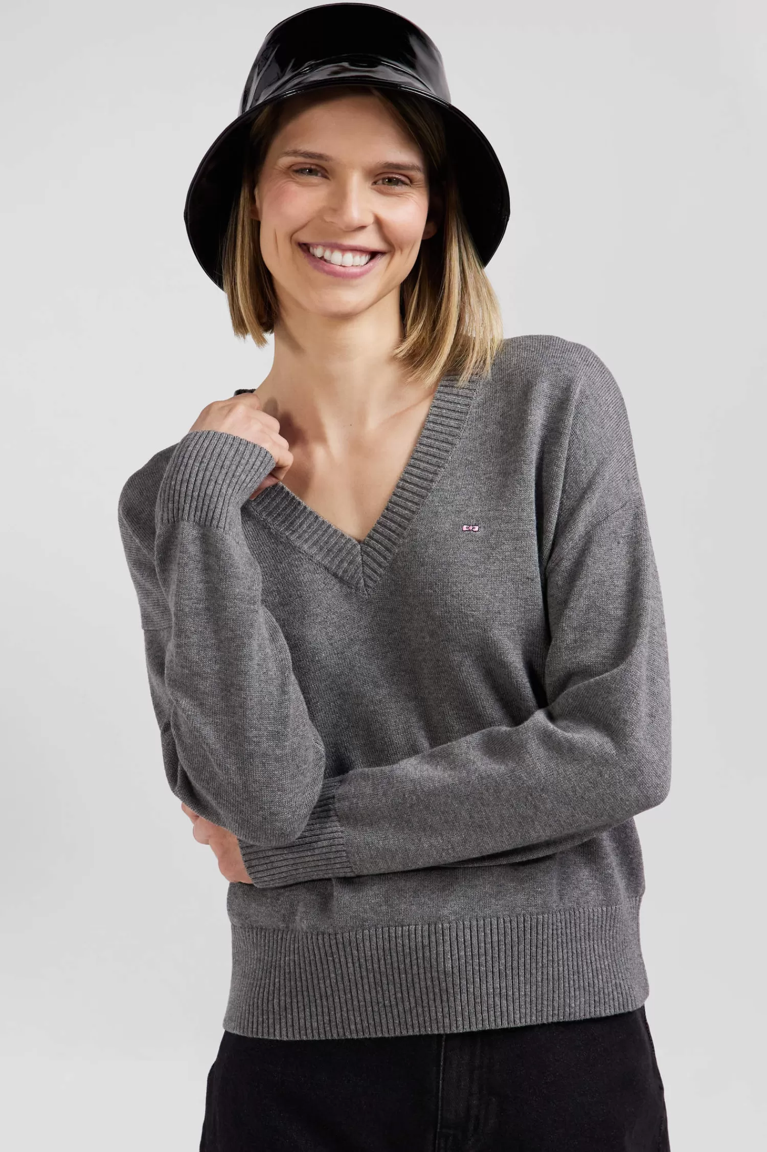 relax_light_grey_wool_and_cotton_vneck_jumper_2.webp Eden Park Relax light grey wool and cotton V-neck jumper<Women Sweaters